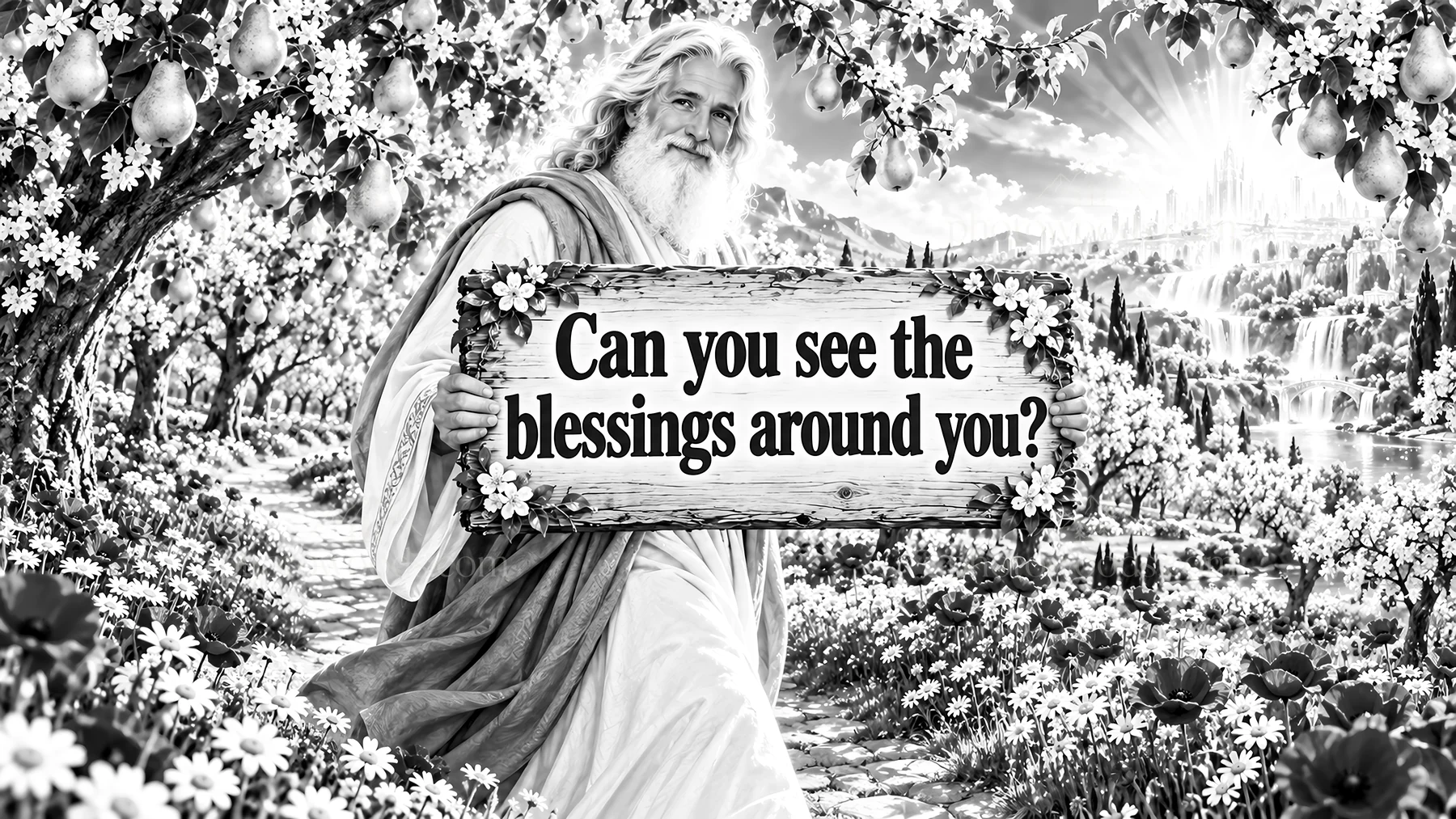 Jesus Christ holding a sign about blessings in a garden - AI-generated stock image