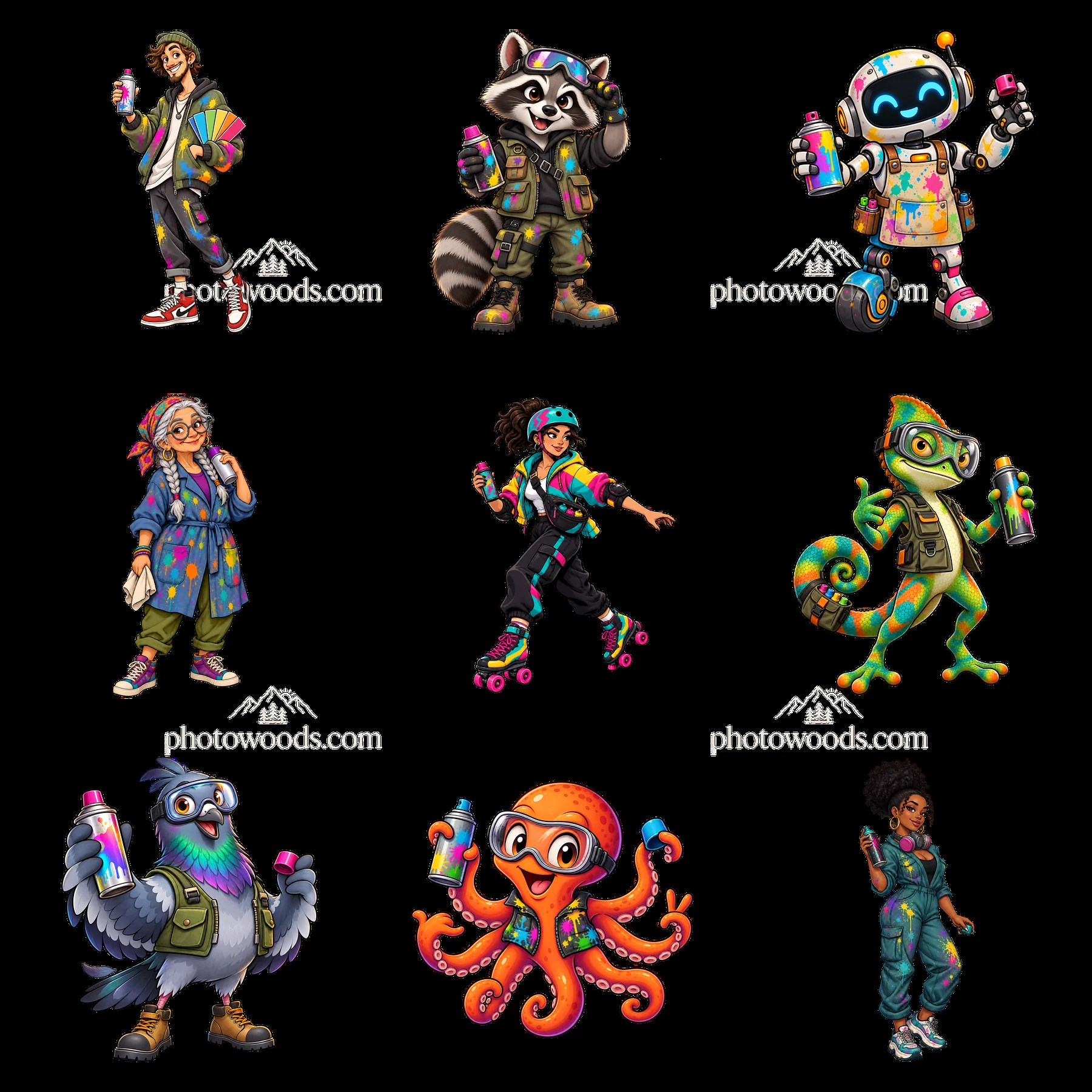 Colorful graffiti sprayers in a 3x3 layout with various characters - AI-generated stock image