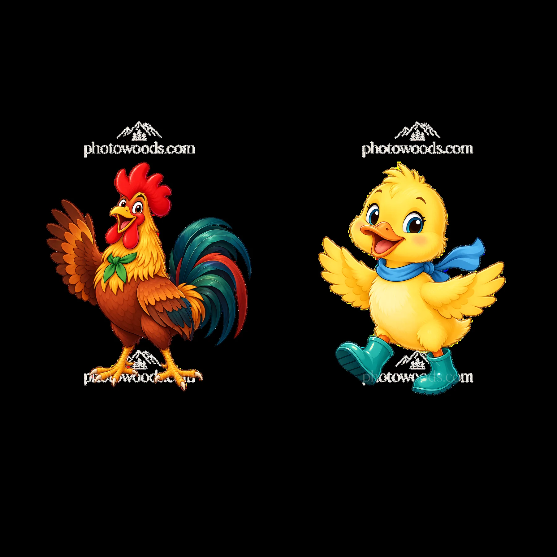 Rooster and chick cartoon characters in playful farm setting - AI-generated stock image