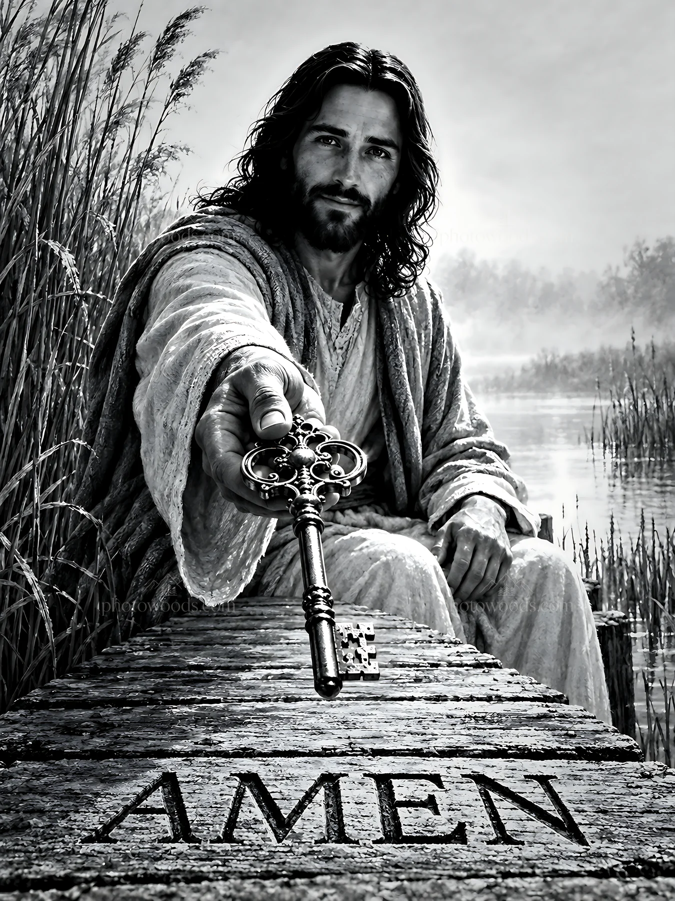 Man holding key near water at The Reed Marsh - AI-generated stock image
