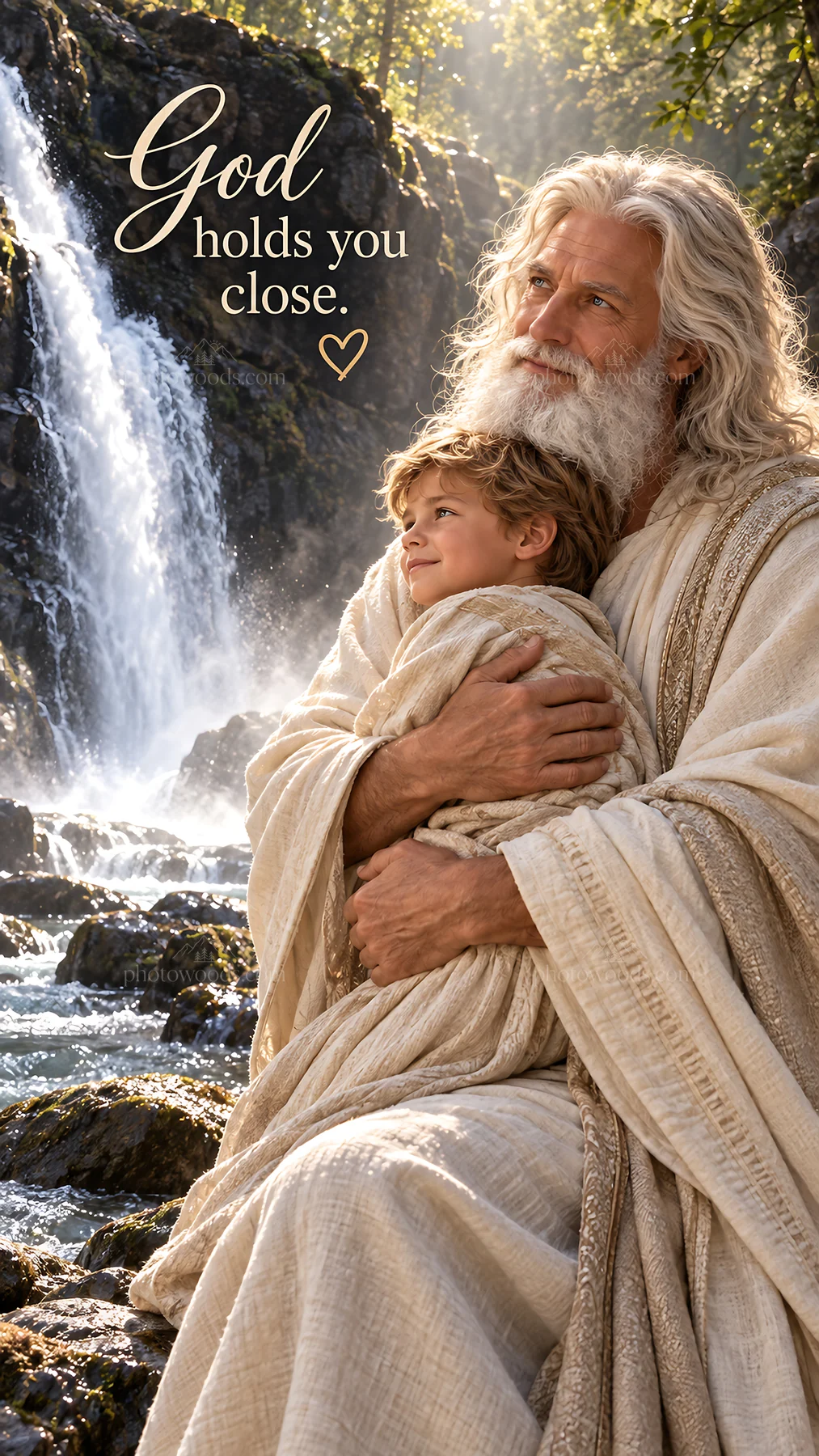 Jesus Christ comforting a child by a waterfall - AI-generated stock image