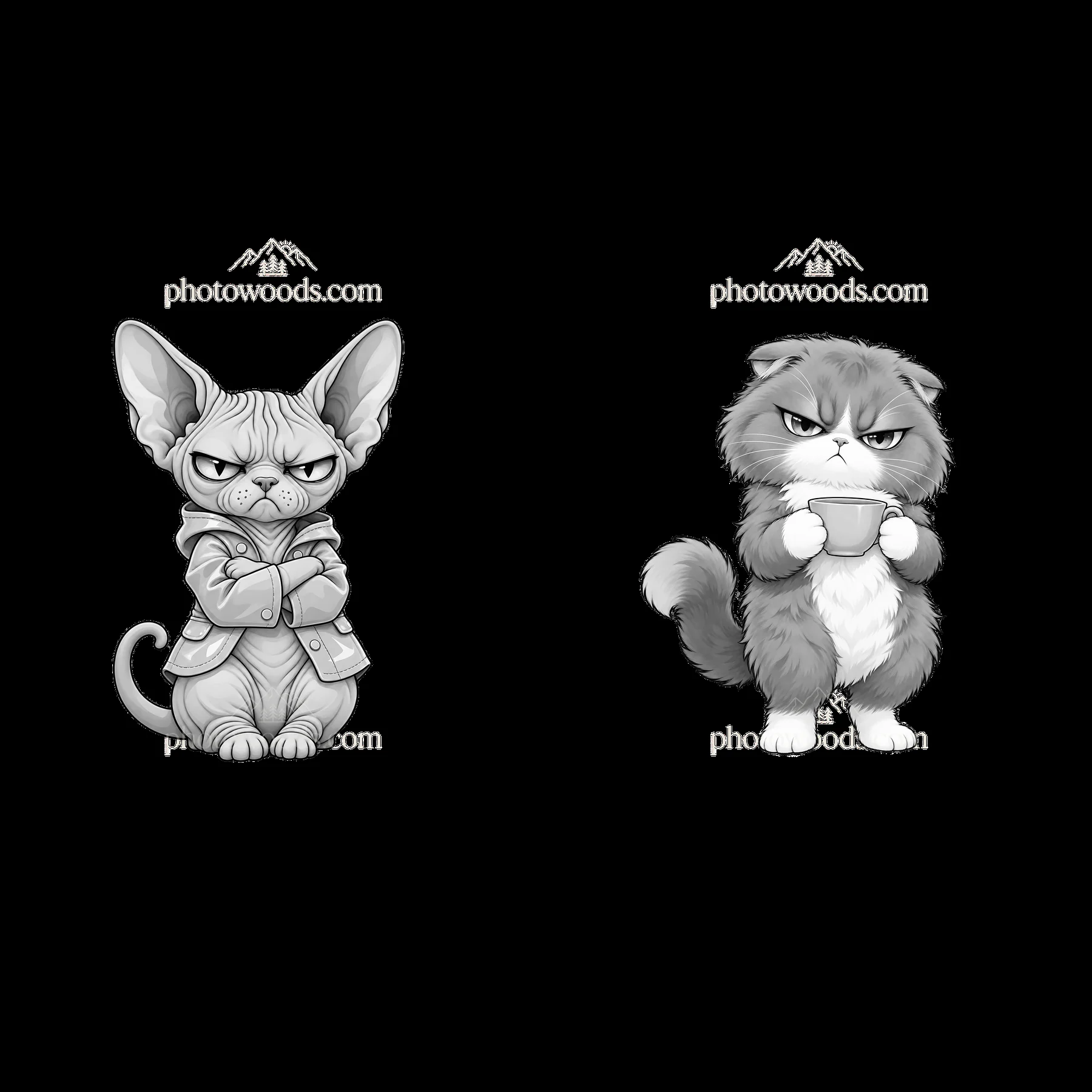 Kawaii grumpy cat stickers with arms crossed and holding cup - AI-generated stock image