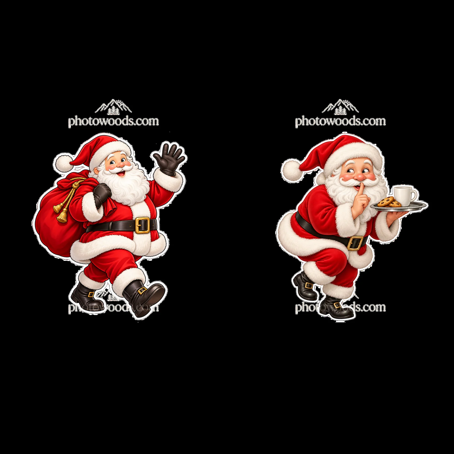 Santa Claus with sack waving and enjoying cookies and drink - AI-generated stock image