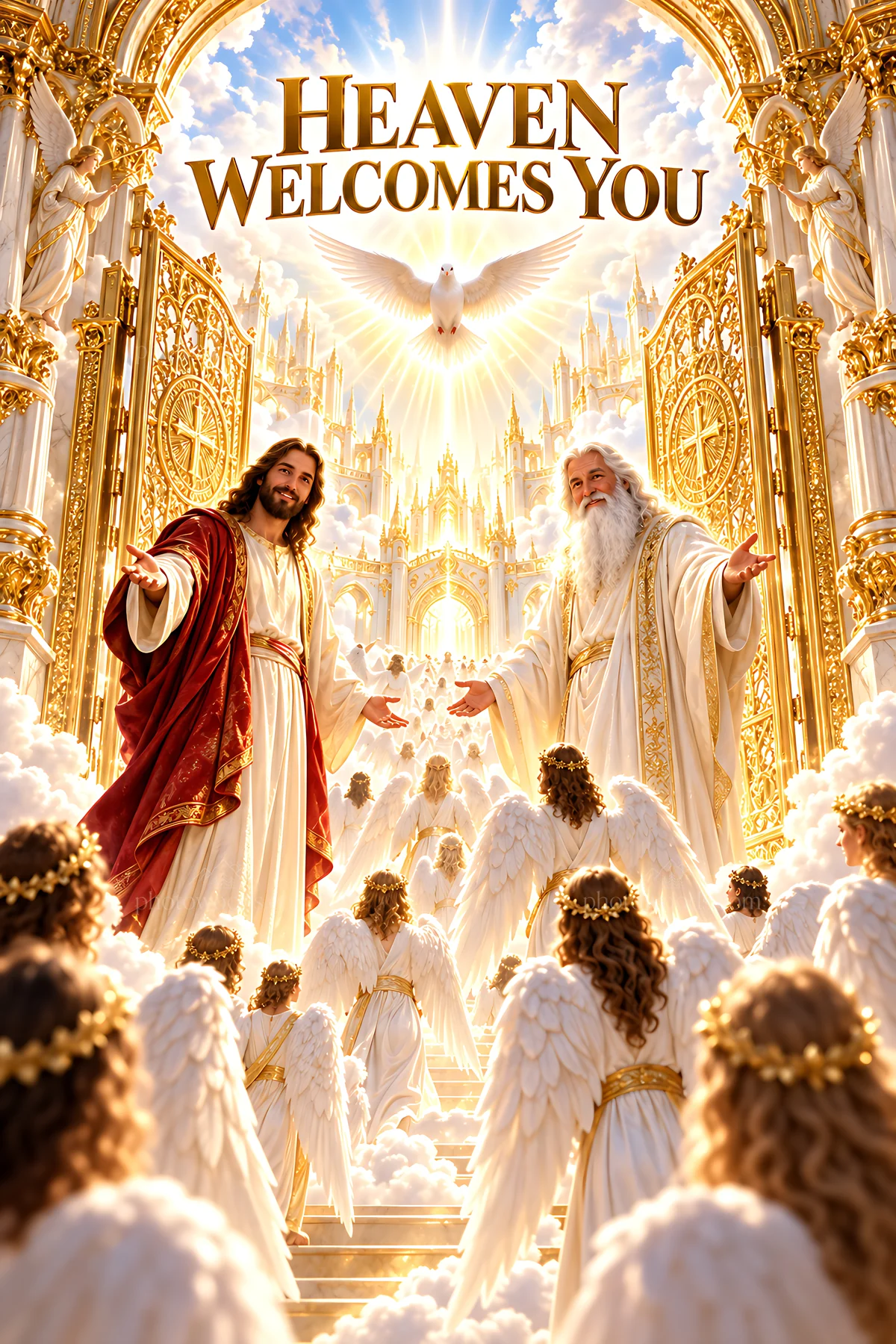 Heaven welcomes you with angels and divine presence - AI-generated stock image