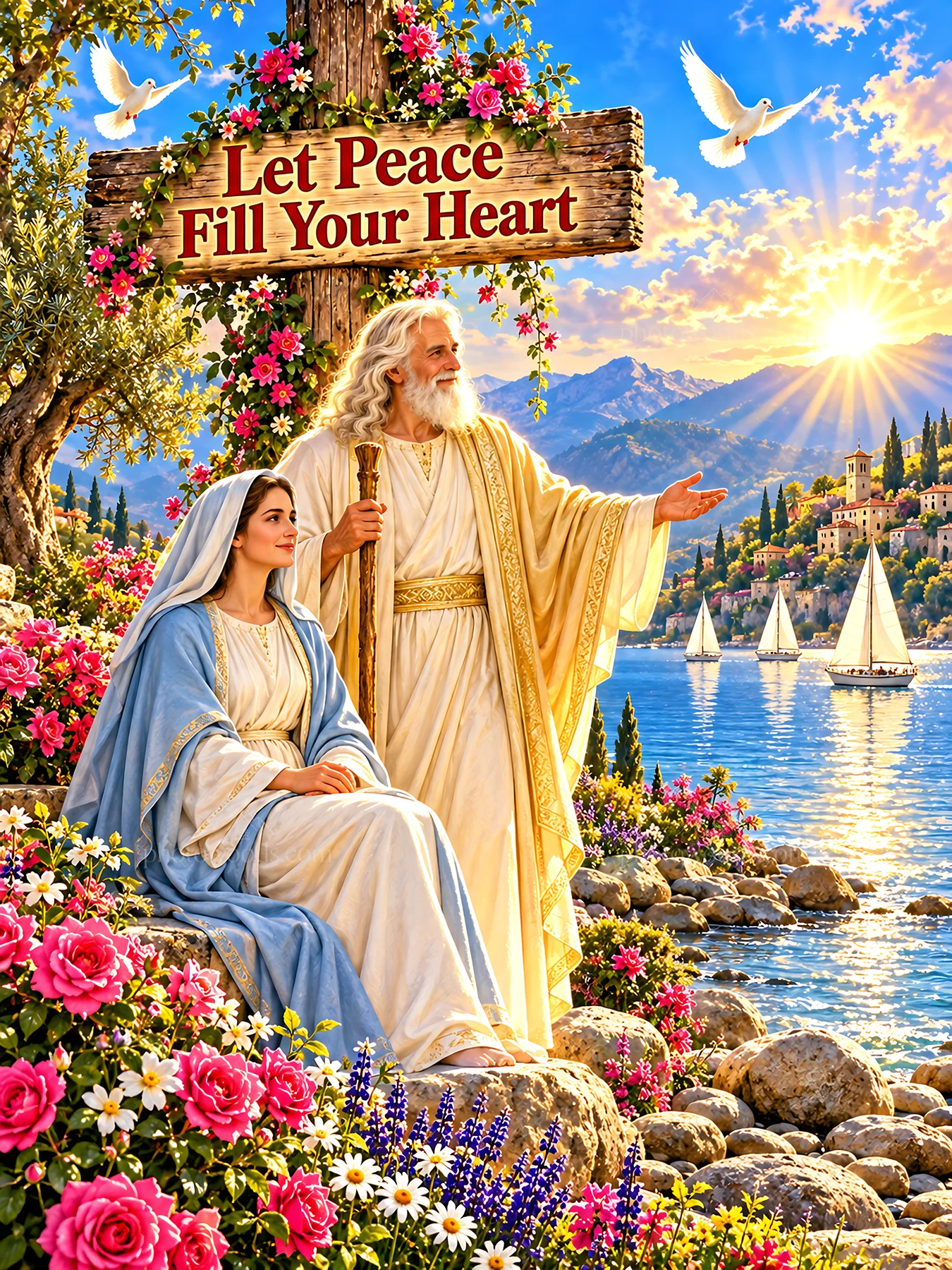 Jesus Christ teaching by the water with Mary - AI-generated stock image