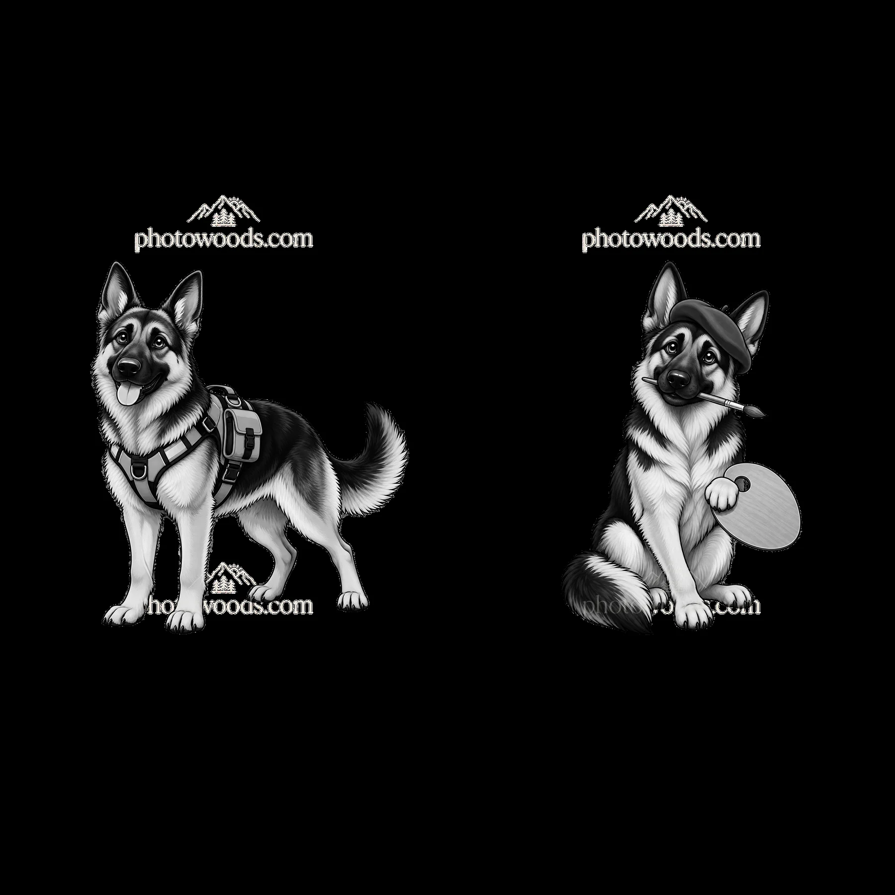 Cartoon German Shepherd dogs with equipment and playful disc - AI-generated stock image