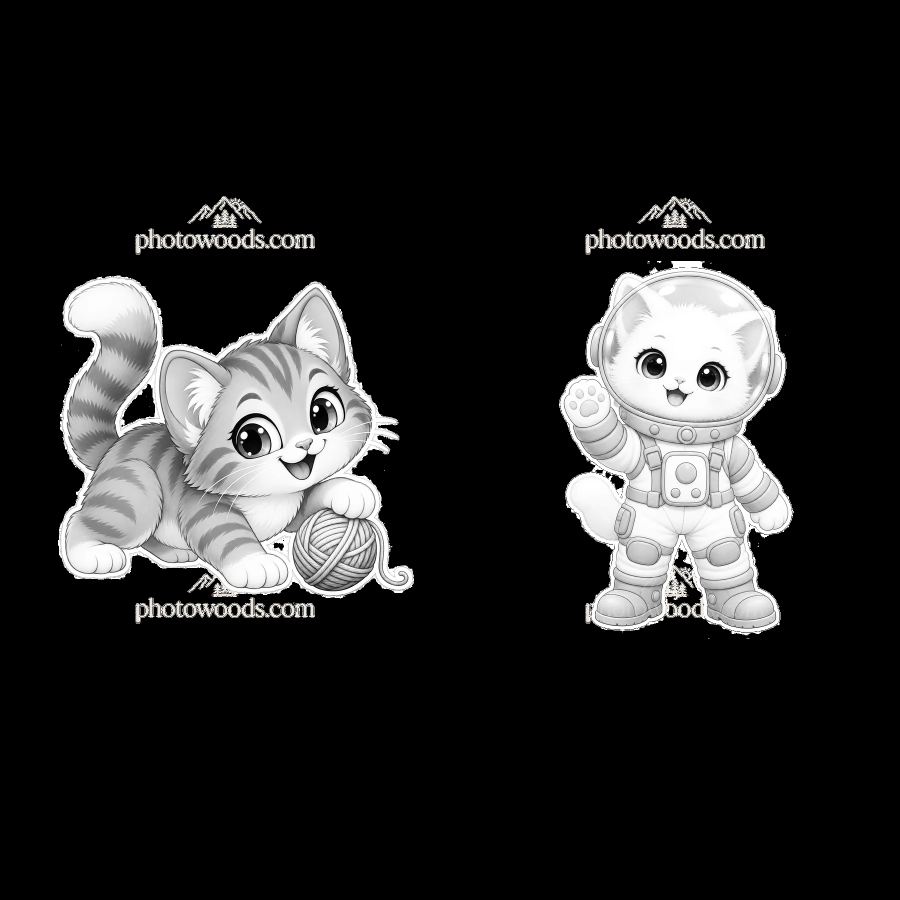 Kawaii cats playing with yarn and exploring space in stickers - AI-generated stock image
