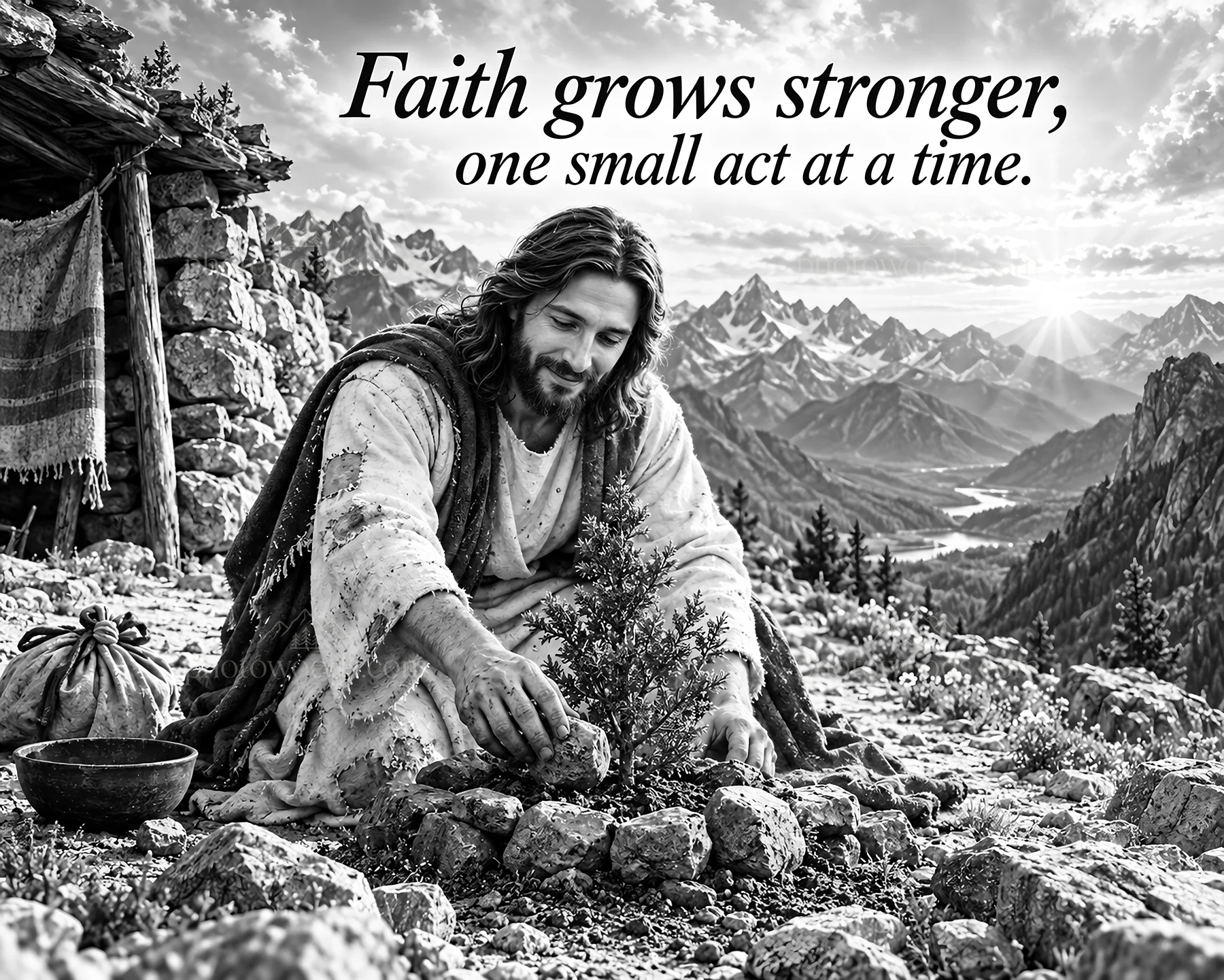 Jesus Christ tending to a small plant in a mountainous landscape - AI-generated stock image