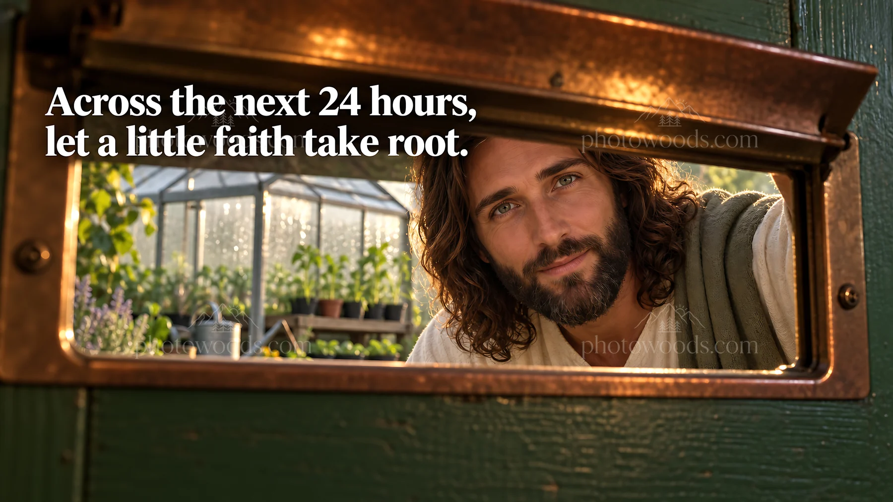 Jesus Christ welcoming viewers in a garden setting - AI-generated stock image