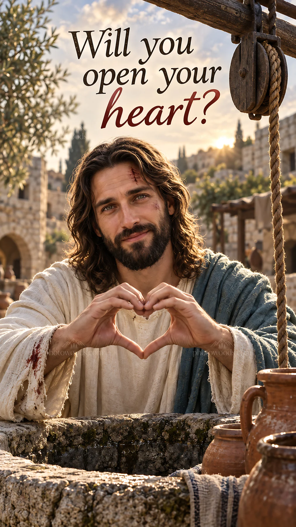 Jesus Christ inviting with a heart gesture - AI-generated stock image
