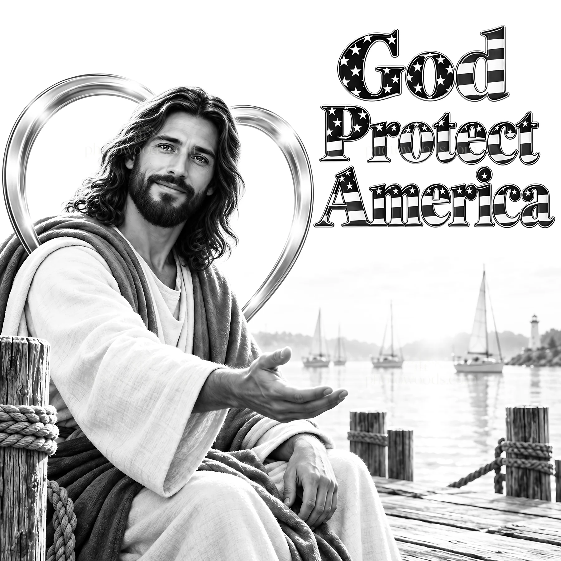 Jesus Christ welcoming and offering comfort by the water - AI-generated stock image
