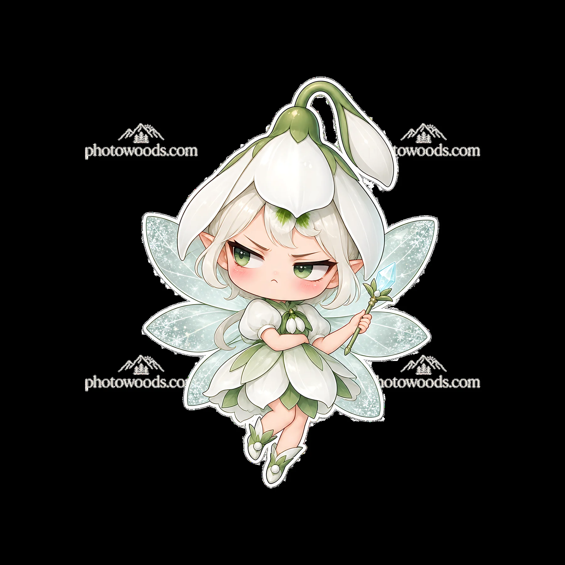 Kawaii grumpy fairy holding a flower wand - AI-generated stock image