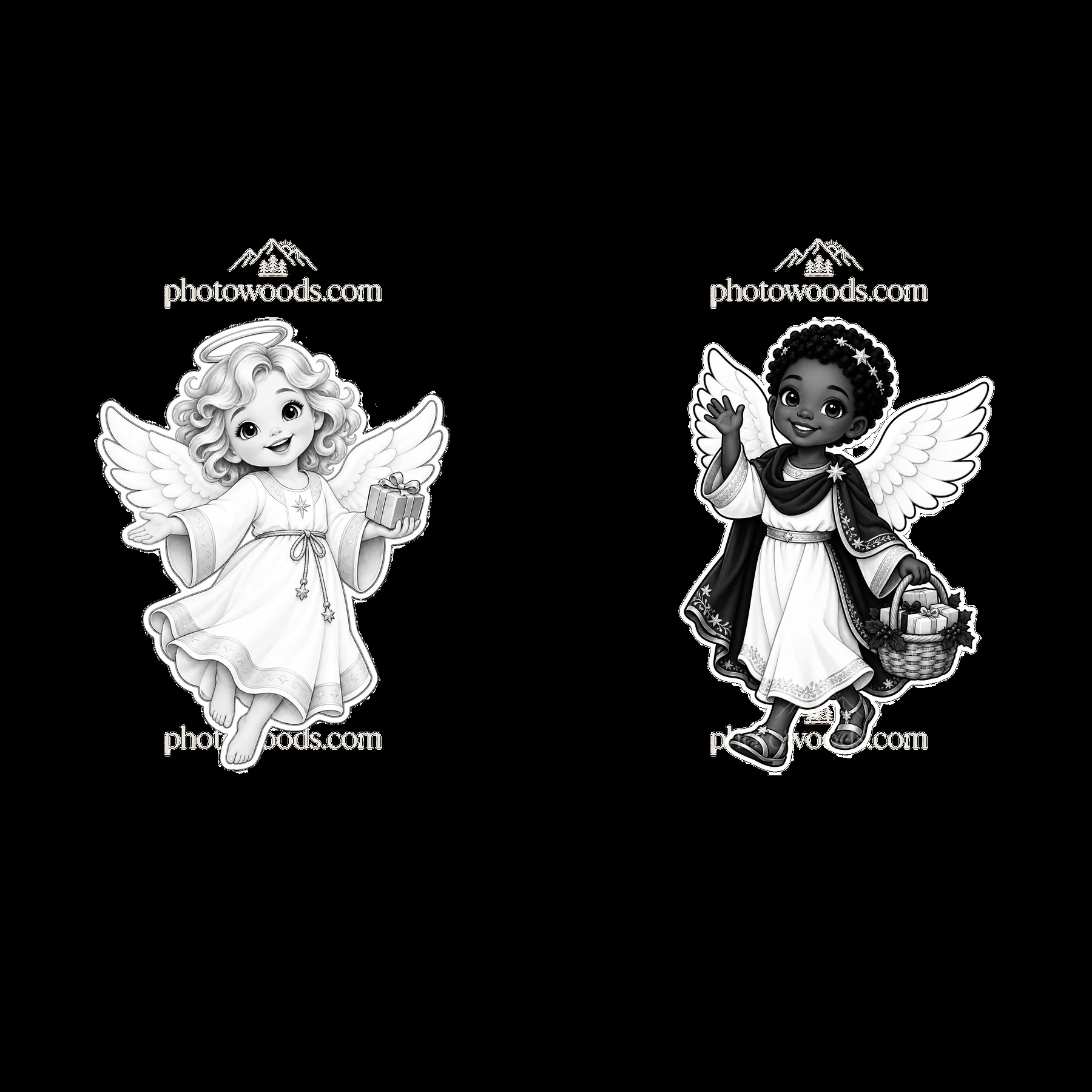 Two cartoon angels carrying gifts for Christmas - AI-generated stock image