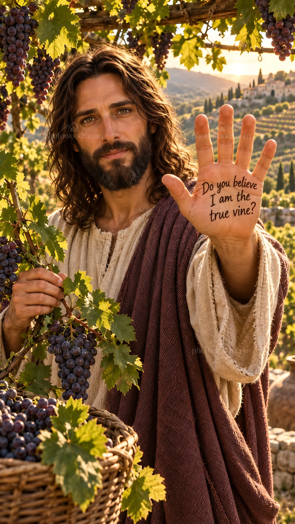 Jesus Christ holding grapes and asking about the true vine - AI-generated stock image