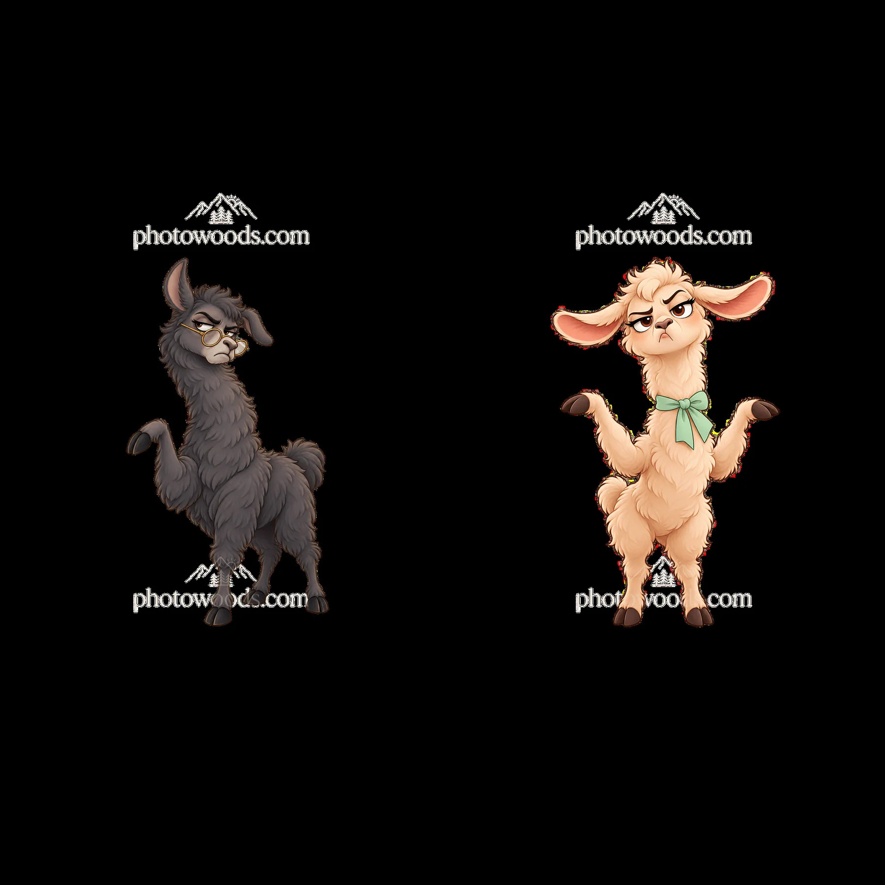 Two grumpy llamas with expressive poses and distinct colors - AI-generated stock image