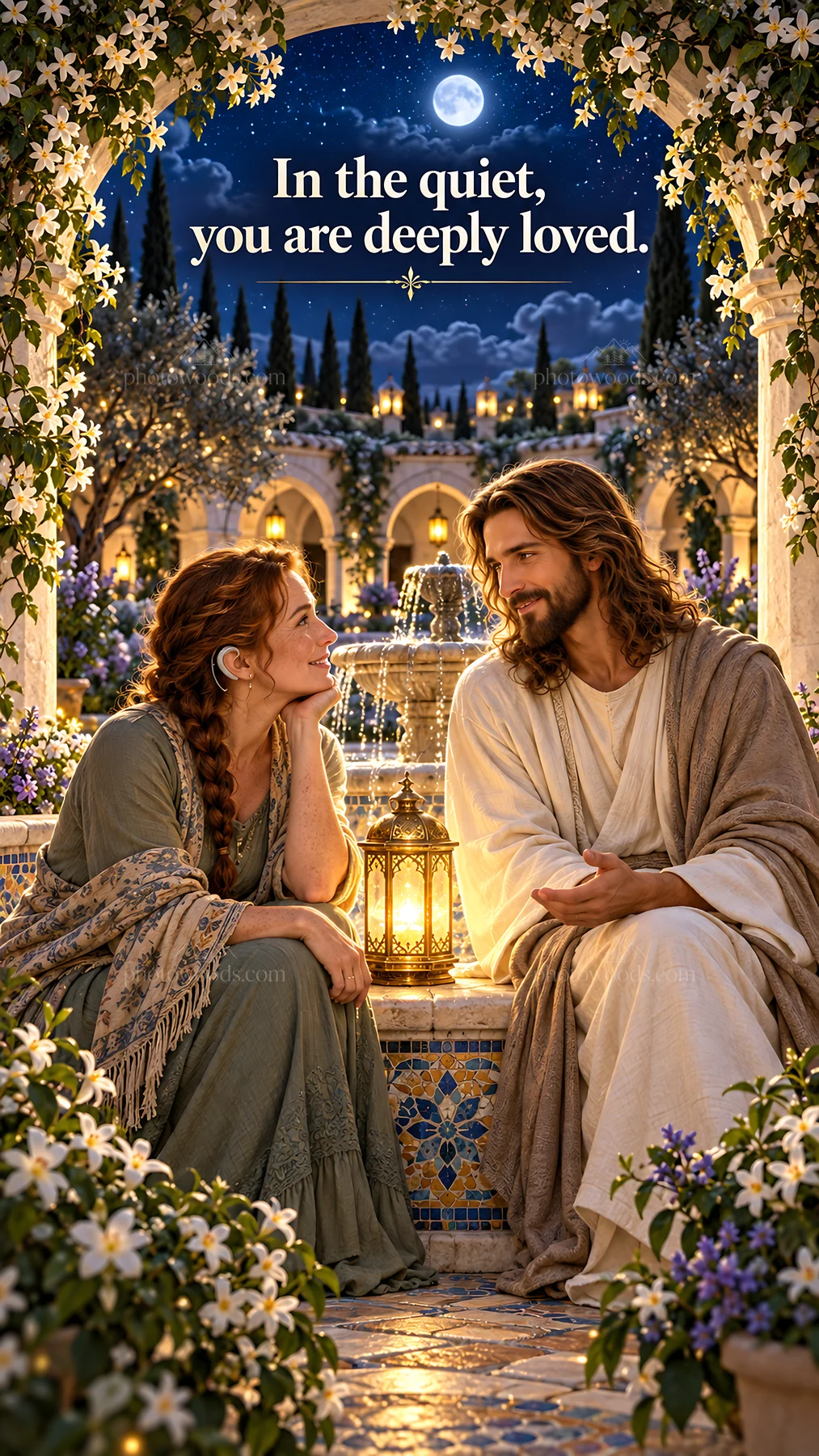 Jesus Christ comforting a woman in a tranquil garden - AI-generated stock image