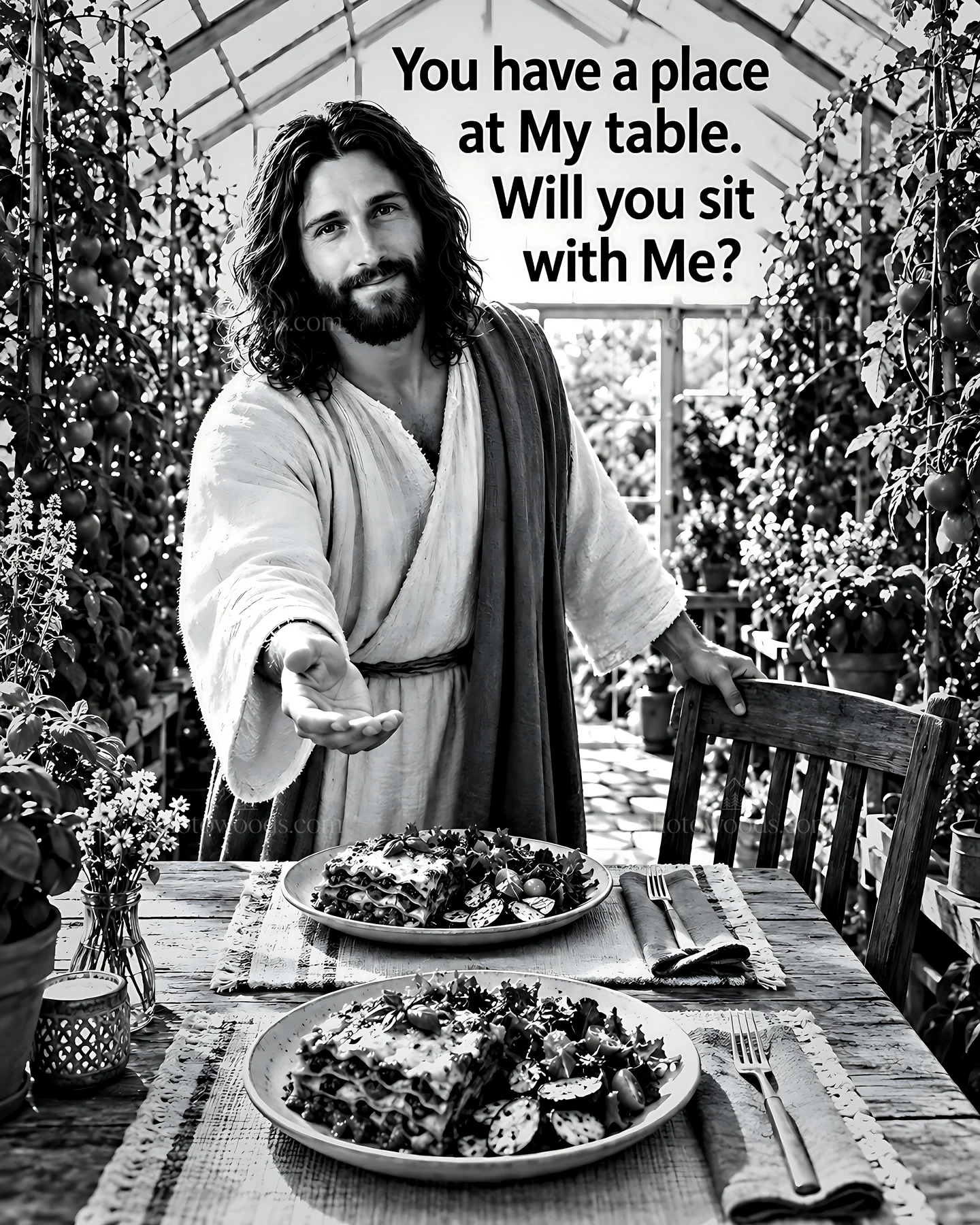Invitation to join at the table in a greenhouse setting - AI-generated stock image
