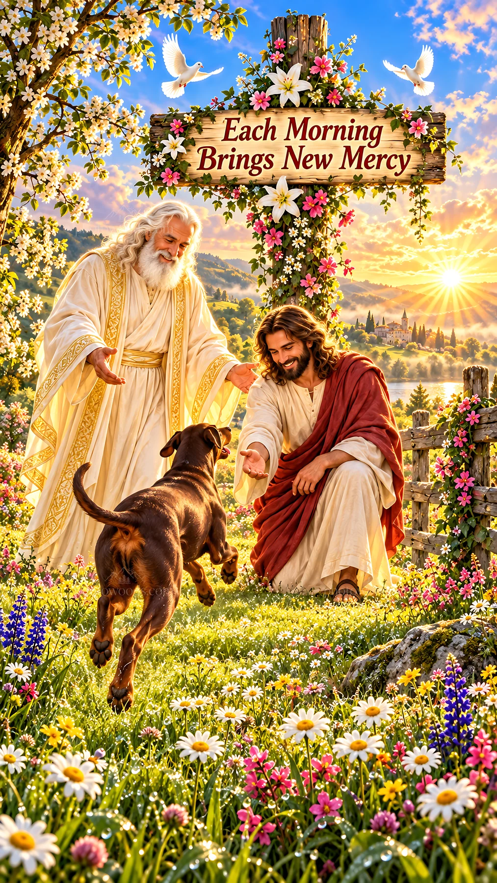Jesus Christ welcomes a dog with God in a flower garden - AI-generated stock image