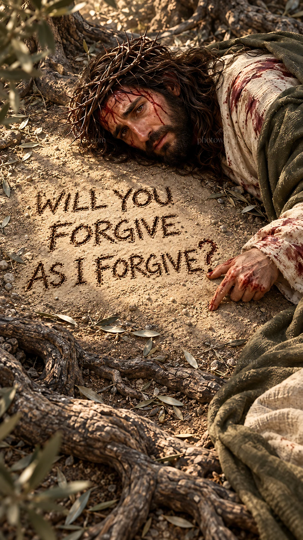 Jesus Christ in anguish asking for forgiveness - AI-generated stock image