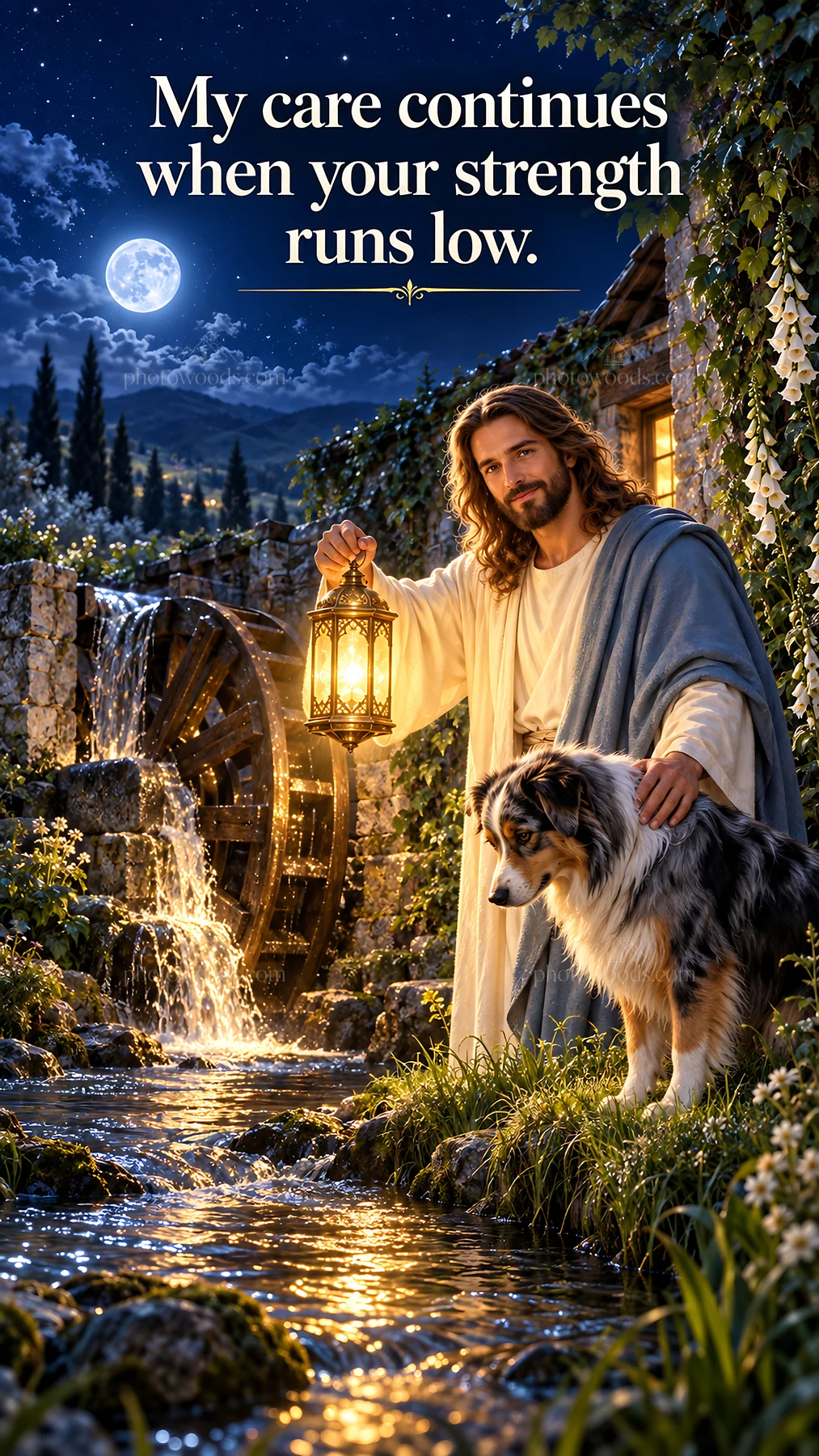 Jesus Christ with a lantern comforting a dog by a stream - AI-generated stock image