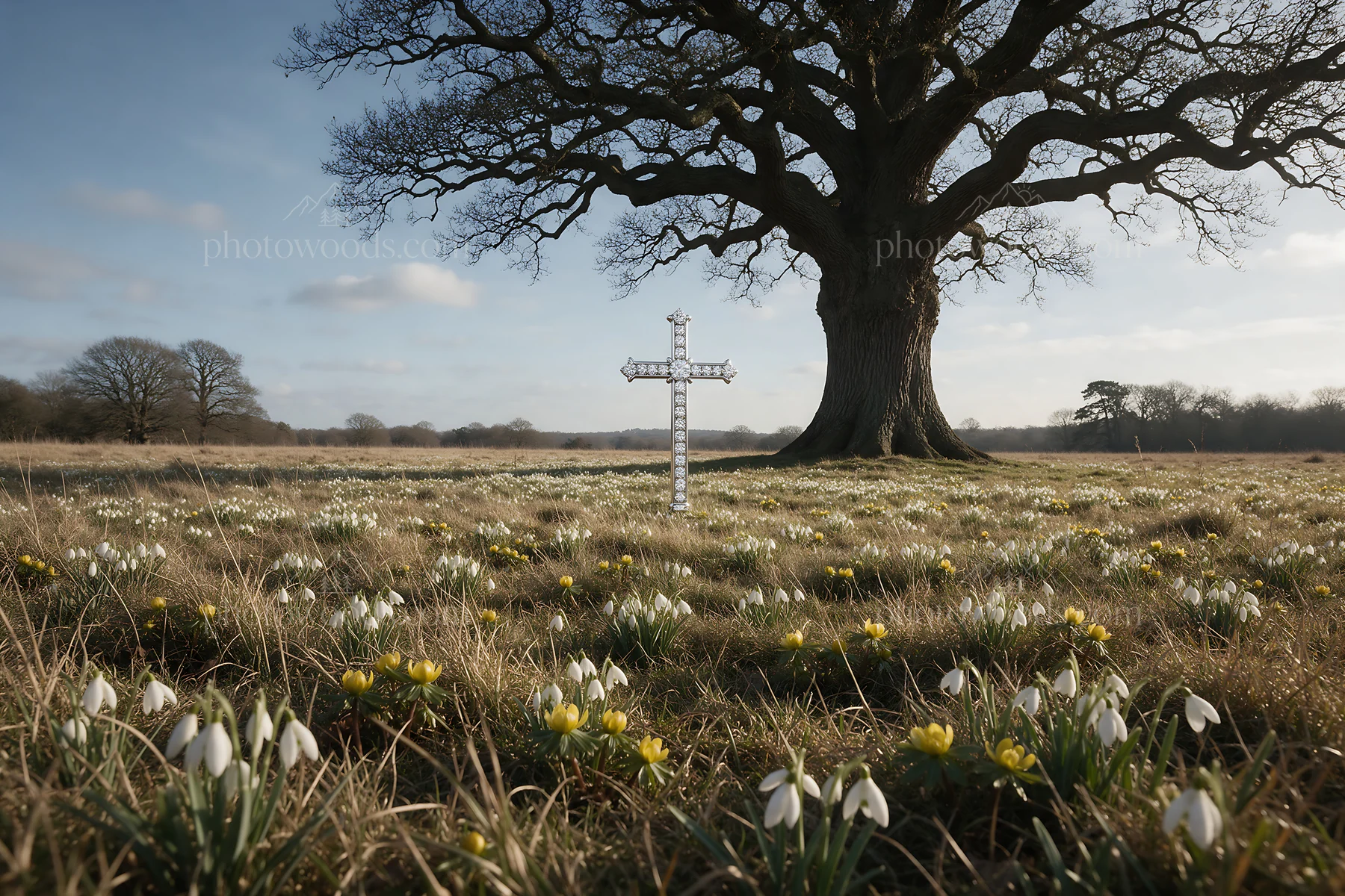 Christian cross in winter meadow with light rays from the sky - AI-generated stock image