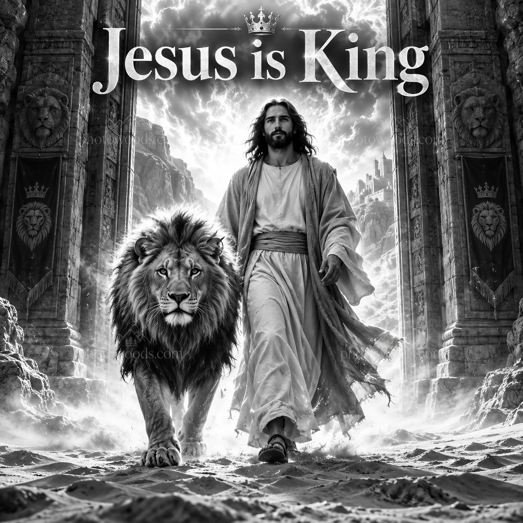 Jesus Christ walking with a lion in a majestic scene - AI-generated stock image