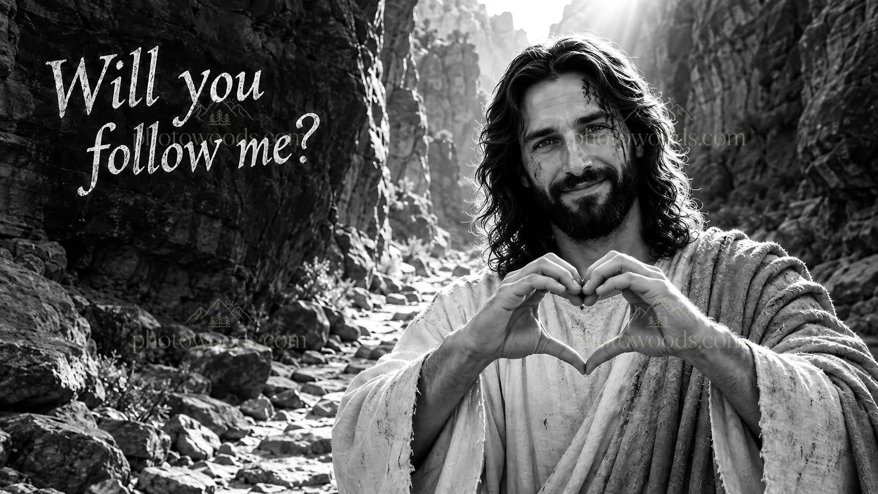 Jesus Christ asking, Will you follow me? in a rocky landscape - AI-generated stock image