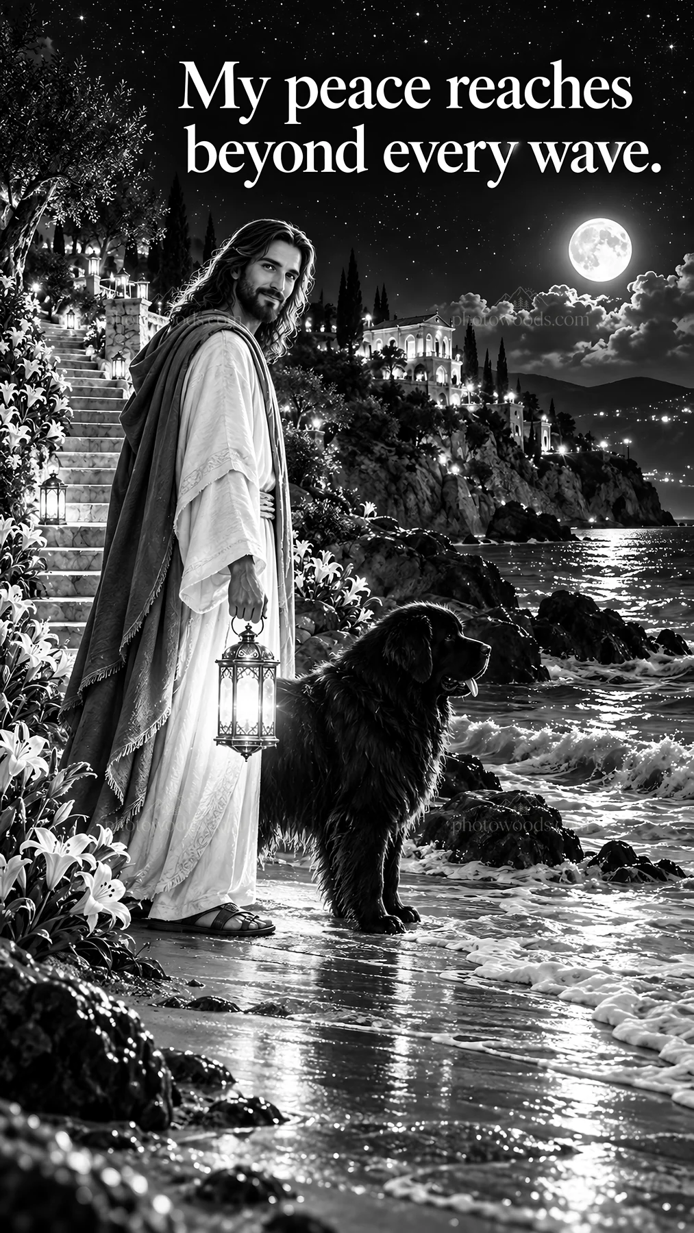 Jesus Christ walking by the sea with a dog at night - AI-generated stock image