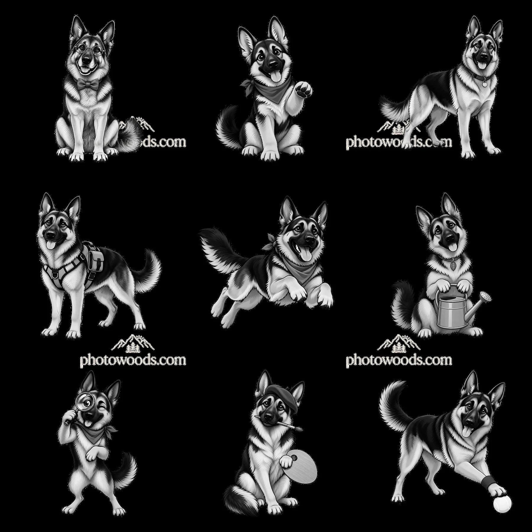 Nine cartoon stickers of German Shepherd dogs in playful poses - AI-generated stock image
