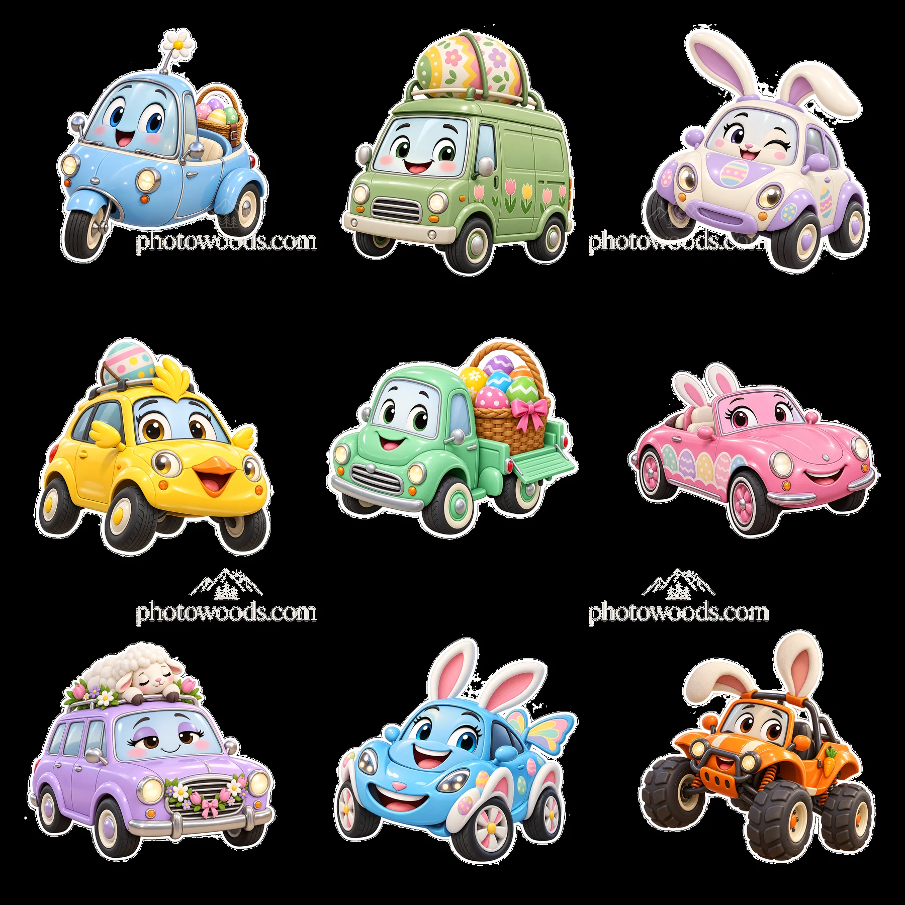 Colorful cartoon cars with Easter themes in a 3x3 grid - AI-generated stock image