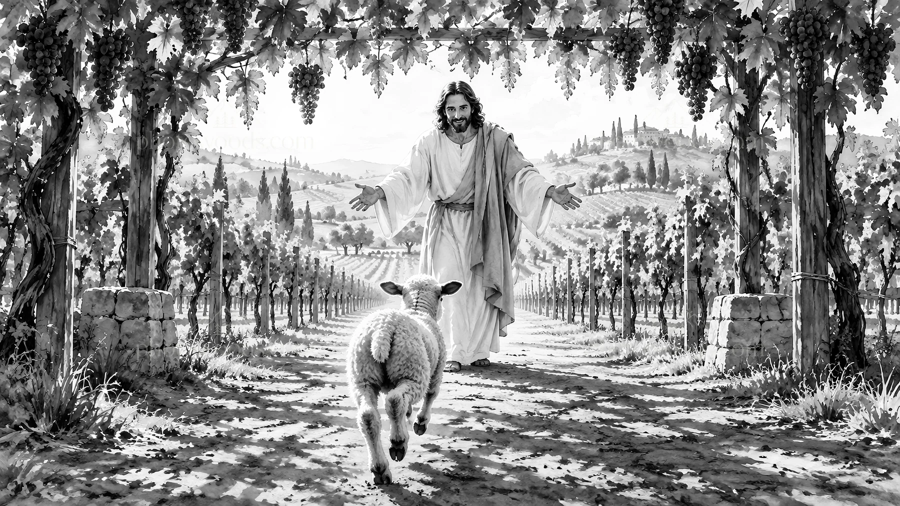 Jesus Christ welcoming a sheep in a vineyard - AI-generated stock image