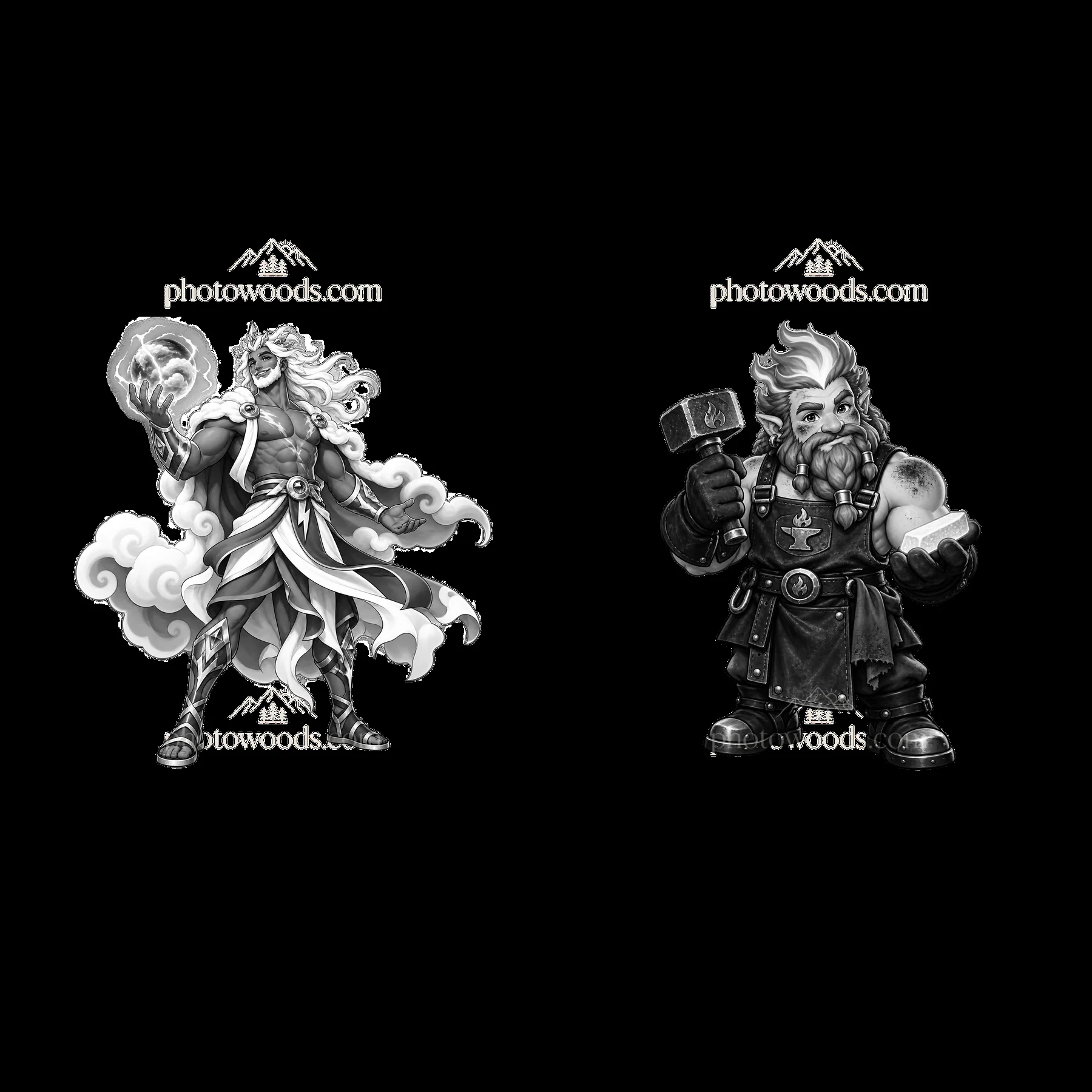 Pagan gods holding symbols of power in black and white illustration - AI-generated stock image