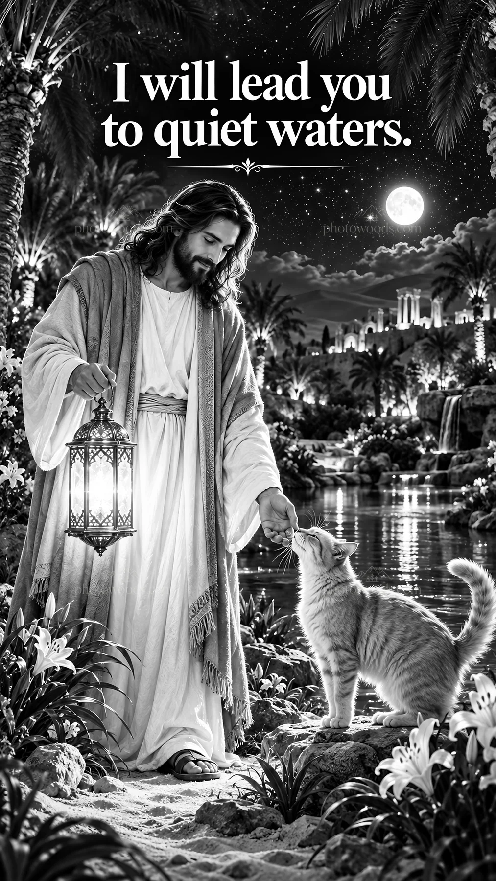 Jesus Christ leads to quiet waters with a cat - AI-generated stock image