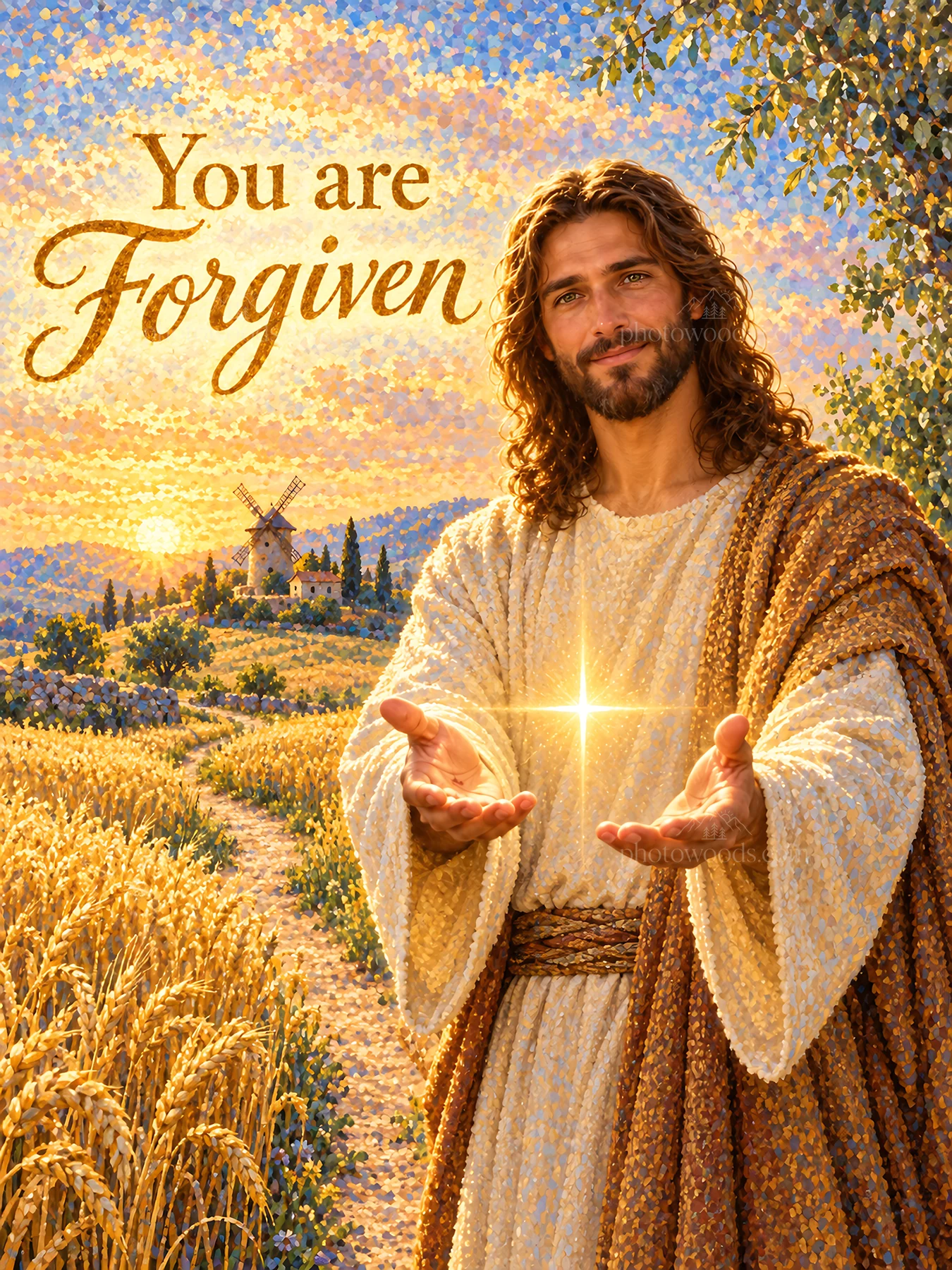 Jesus Christ offering forgiveness in a wheat field - AI-generated stock image