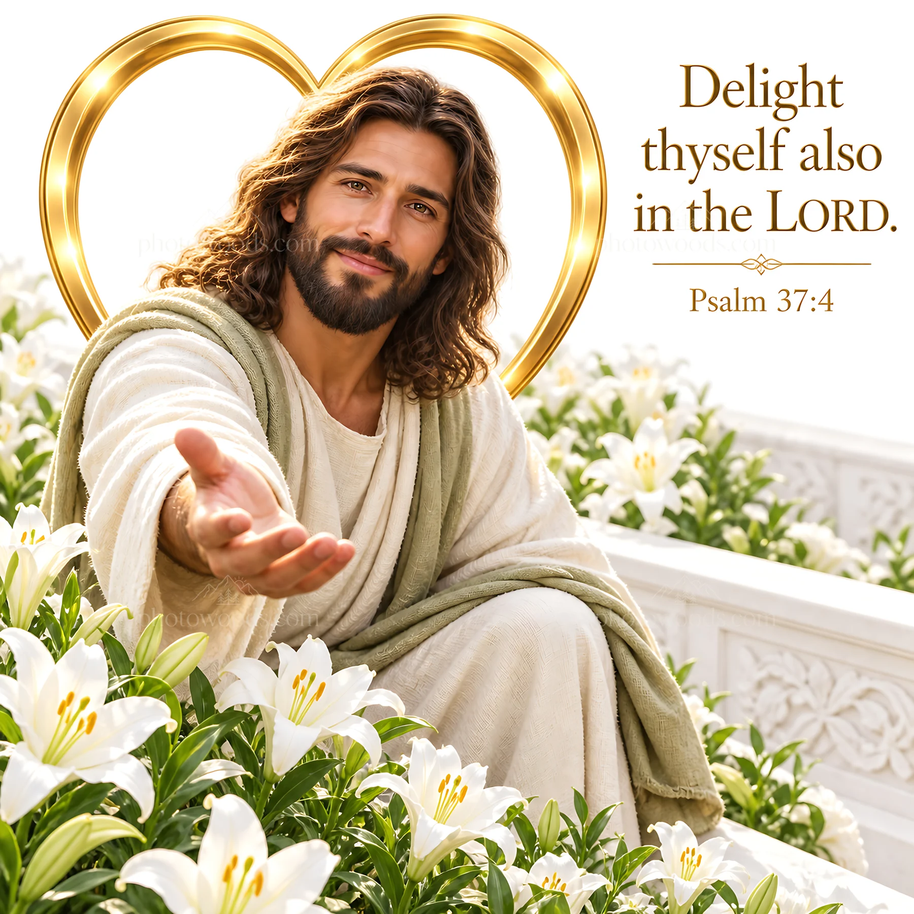 Jesus Christ welcoming viewers with flowers - AI-generated stock image