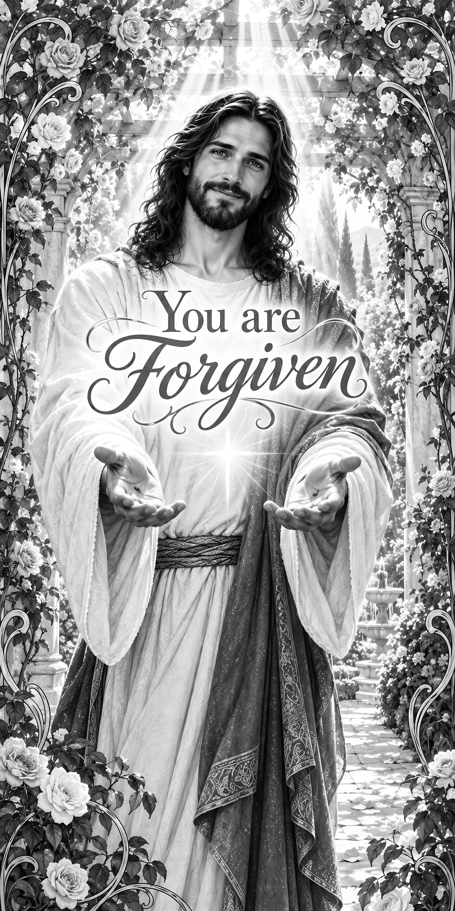 Jesus Christ offers forgiveness with open arms - AI-generated stock image