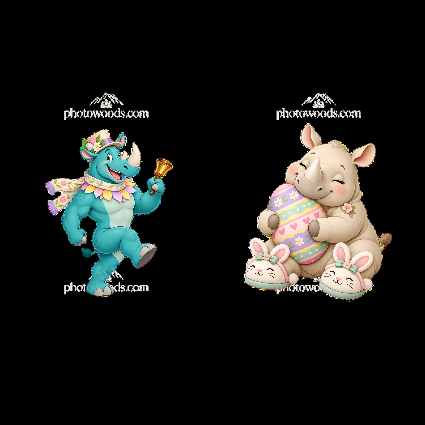 Easter rhinoceros characters celebrating with eggs and bell - AI-generated stock image