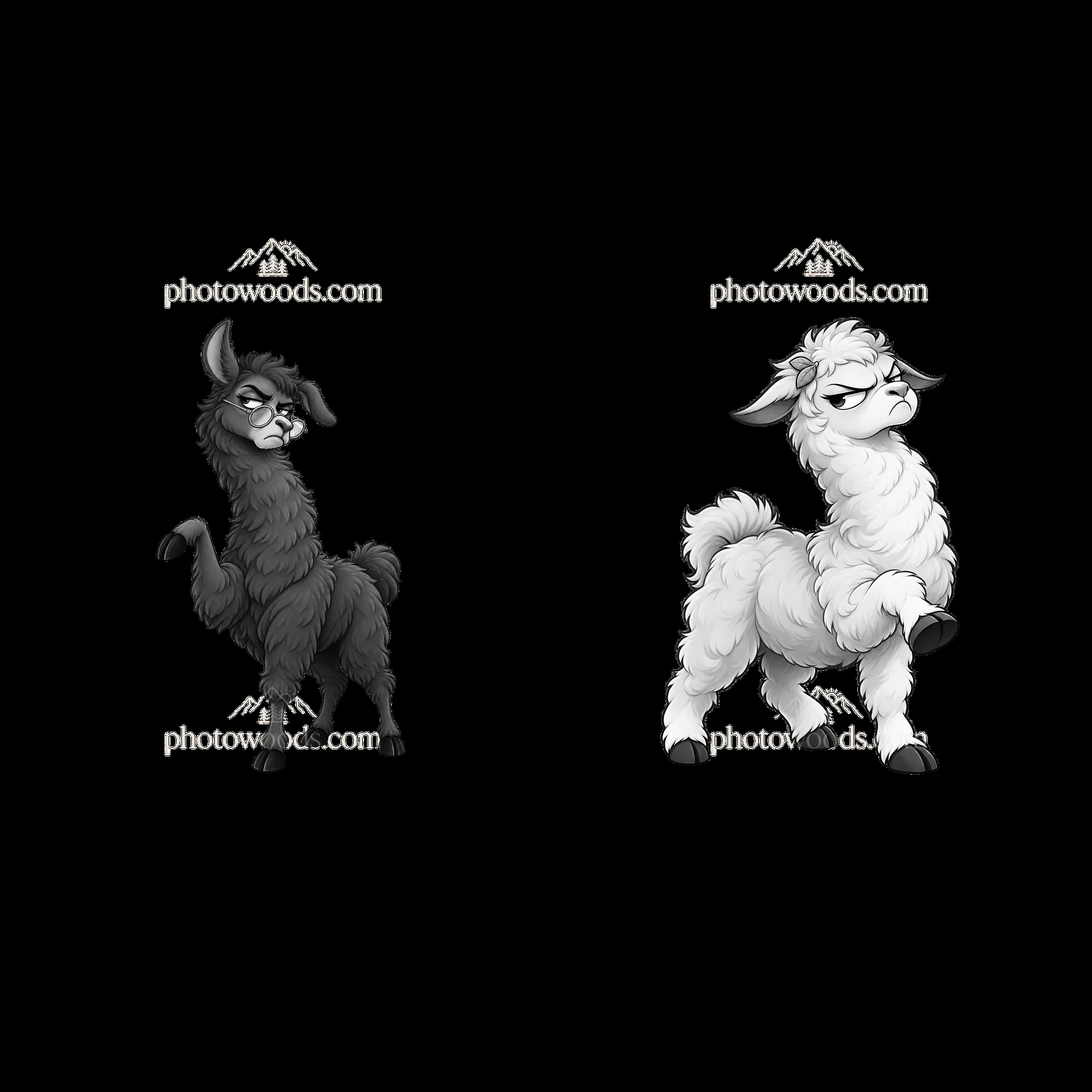 Grumpy llama and sheep cartoon sticker pair design - AI-generated stock image