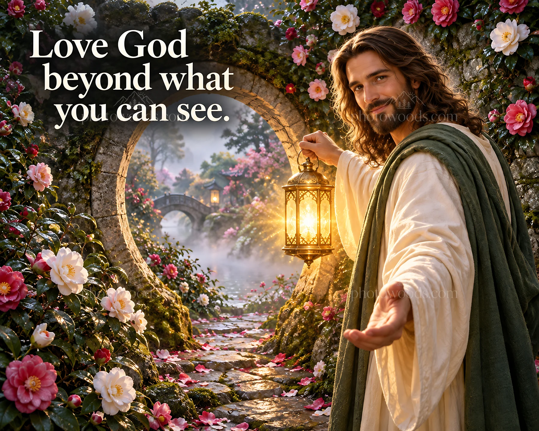 Jesus Christ holding a lantern in a floral garden path - AI-generated stock image