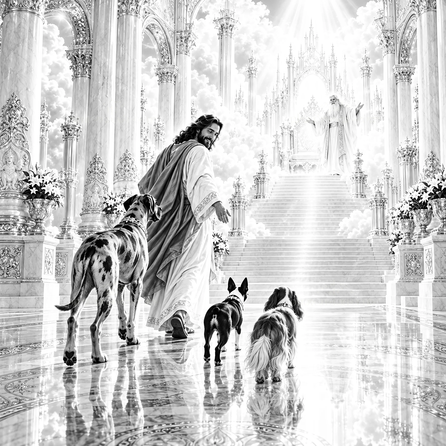 Jesus Christ walking with dogs in a heavenly setting - AI-generated stock image