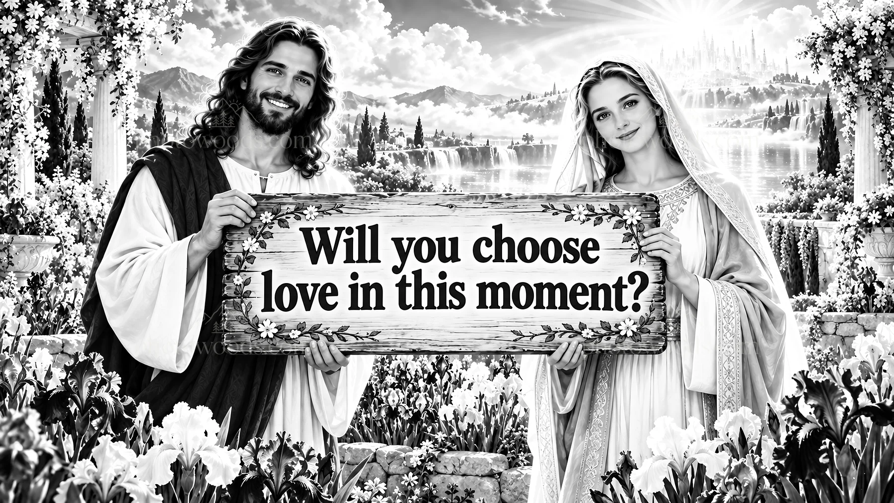Jesus Christ presenting a message about love in nature - AI-generated stock image