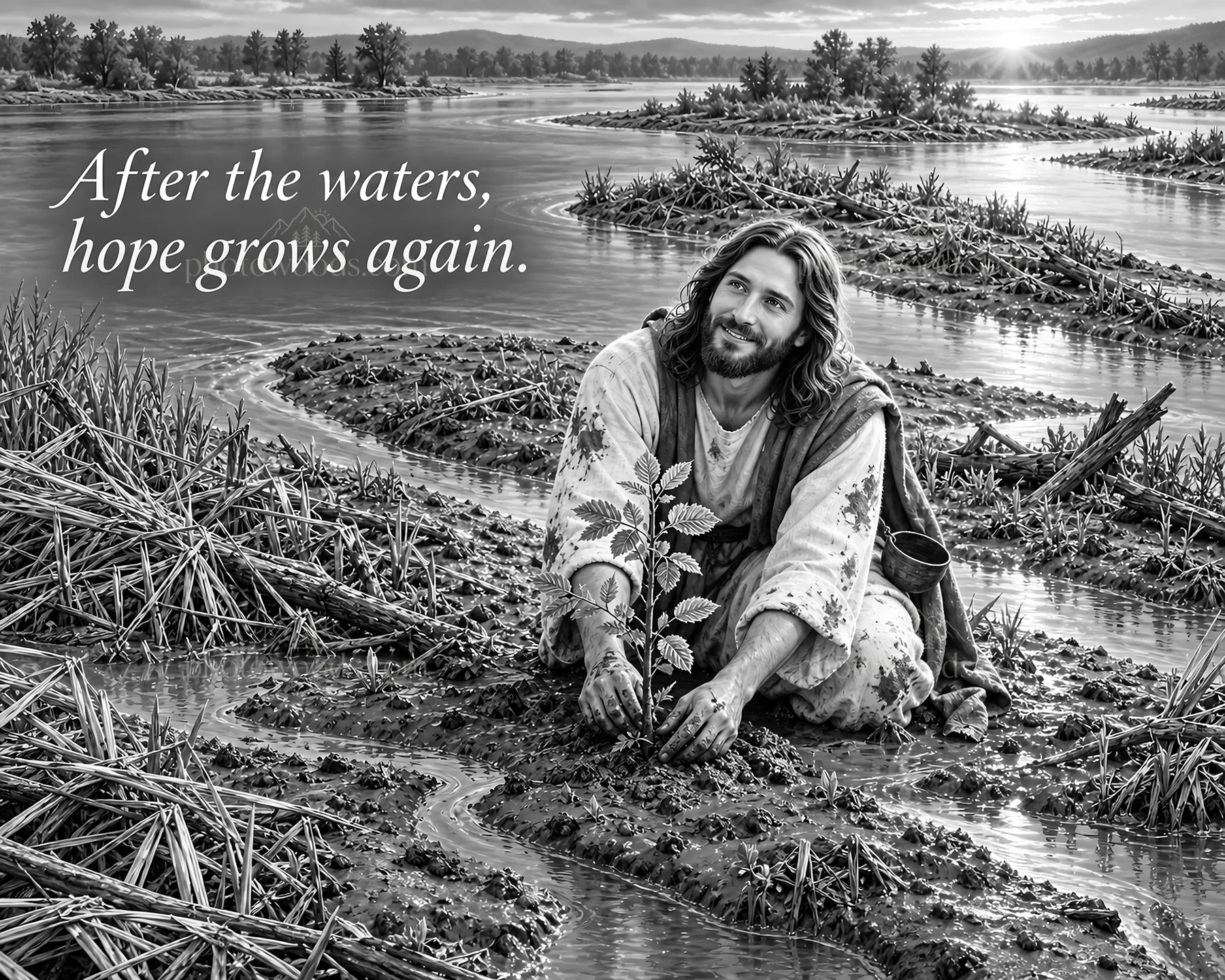 Jesus Christ planting a seed by the waterside - AI-generated stock image