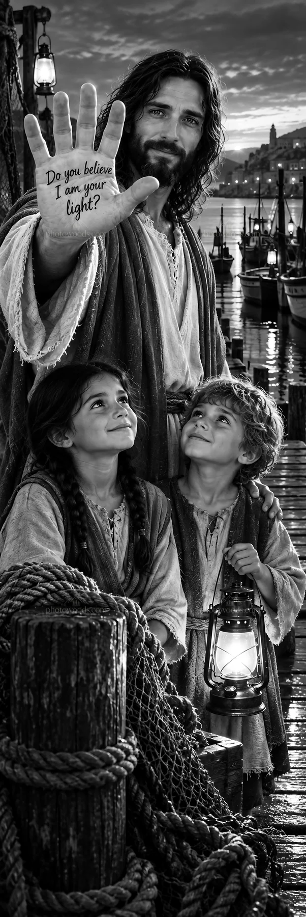 Jesus Christ shares light with children in calming harbor scene - AI-generated stock image