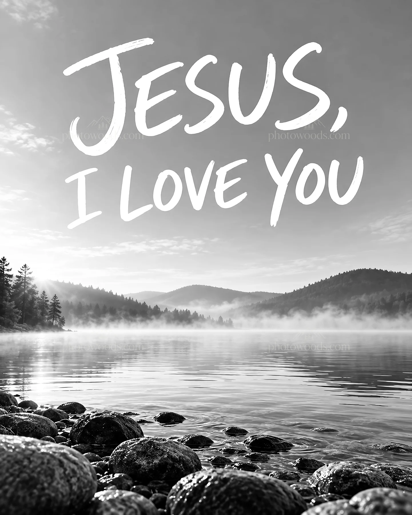 Jesus Christ loves you by the calm waters of a misty lake - AI-generated stock image