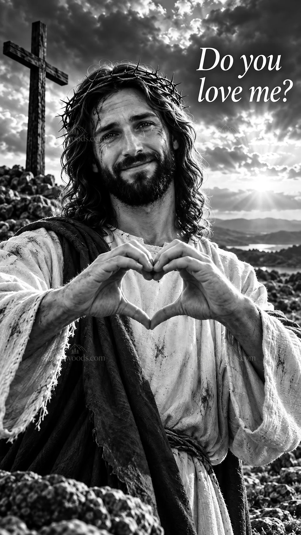 Jesus Christ asking, Do you love me? in a rocky landscape - AI-generated stock image