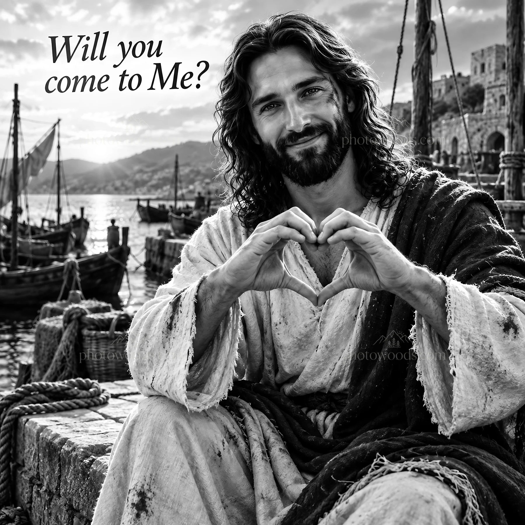 Jesus Christ inviting with a heart gesture by the shore - AI-generated stock image