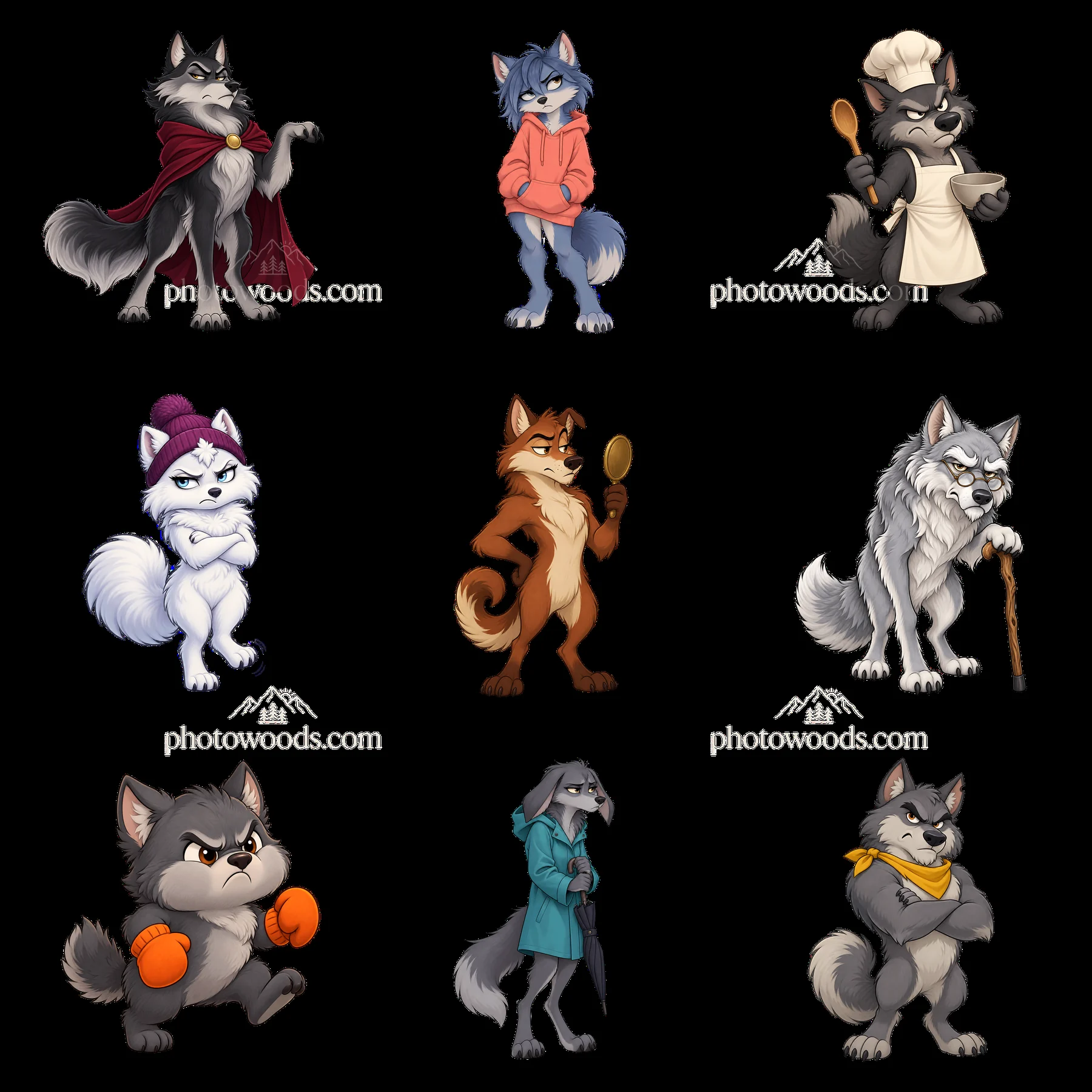 Grumpy wolf characters in various outfits and poses arranged in grid - AI-generated stock image