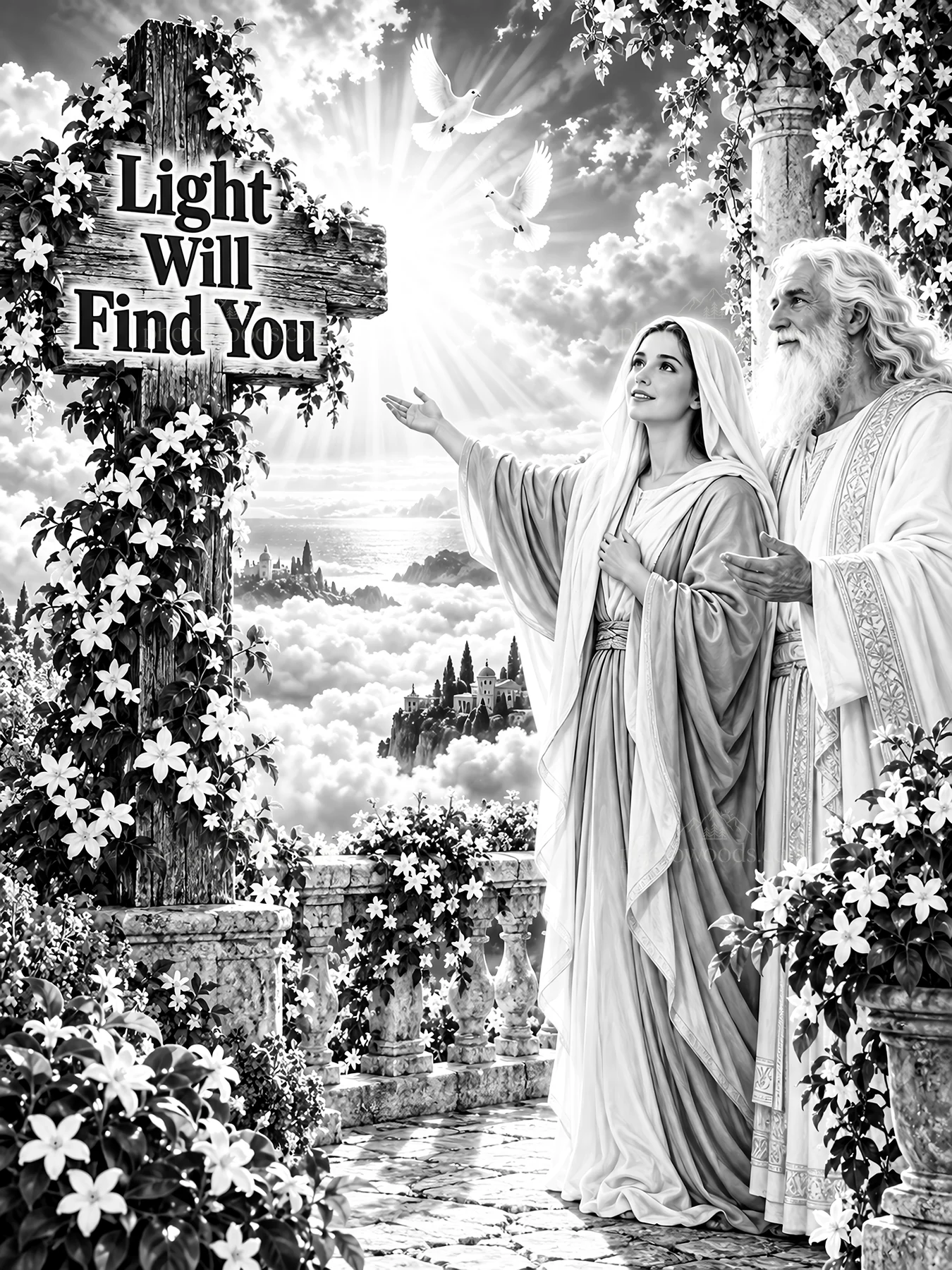 Jesus Christ shows light through a cross in a garden setting - AI-generated stock image