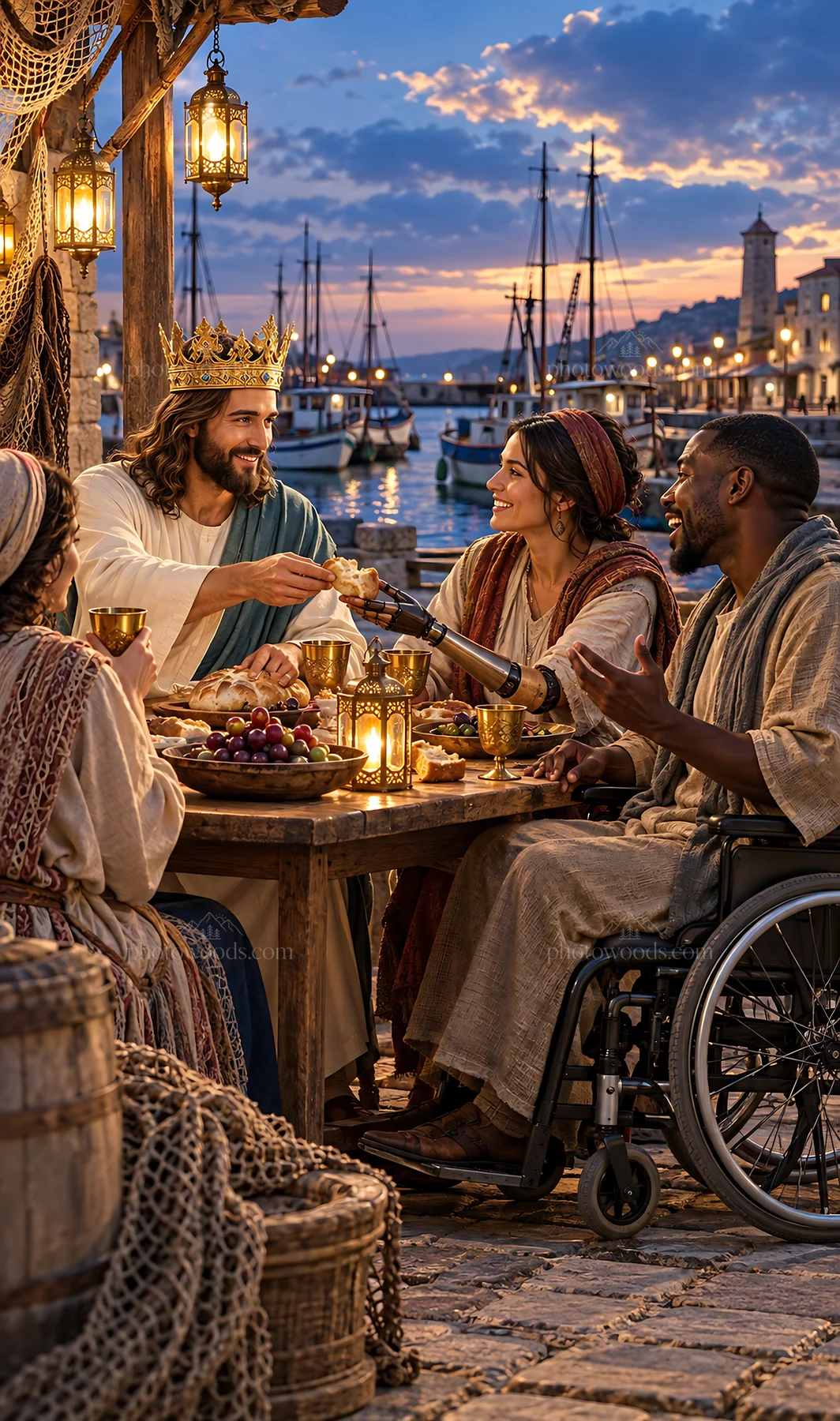 Jesus Christ sharing a meal with friends at sunset - AI-generated stock image