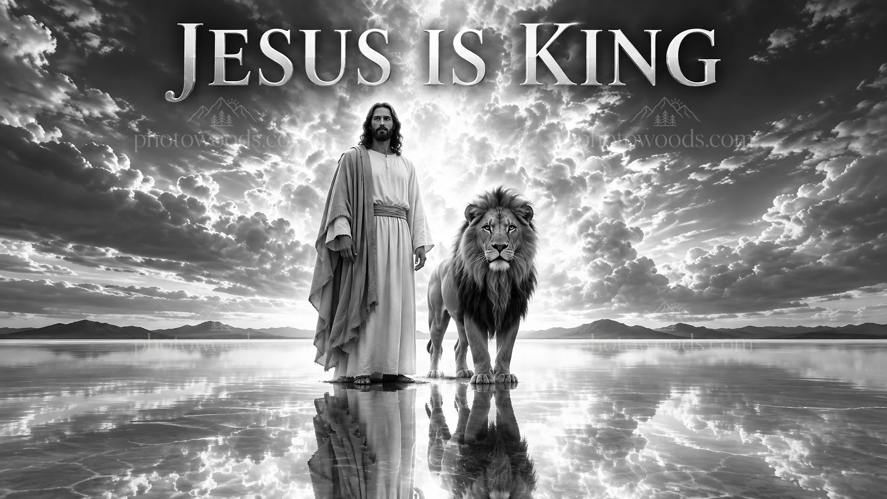 Jesus Christ stands with a lion in a dramatic landscape - AI-generated stock image
